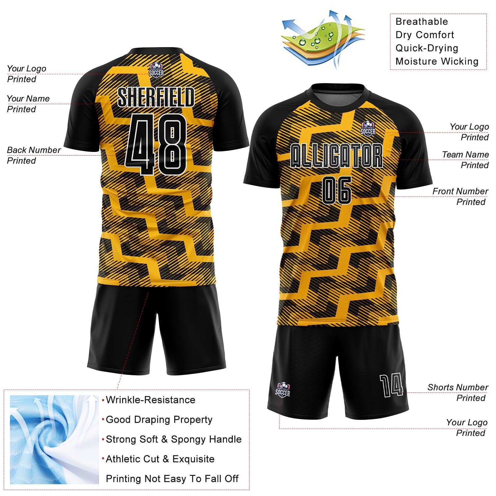 Custom Black Gold-White Line Sublimation Soccer Uniform Jersey
