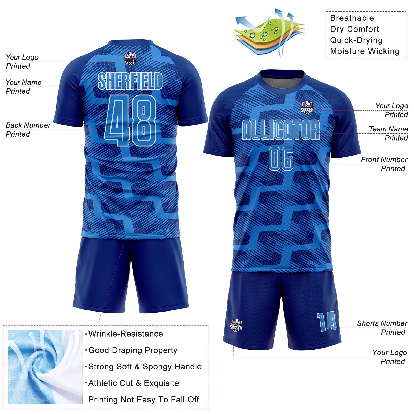 Custom Royal Powder Blue-White Line Sublimation Soccer Uniform Jersey