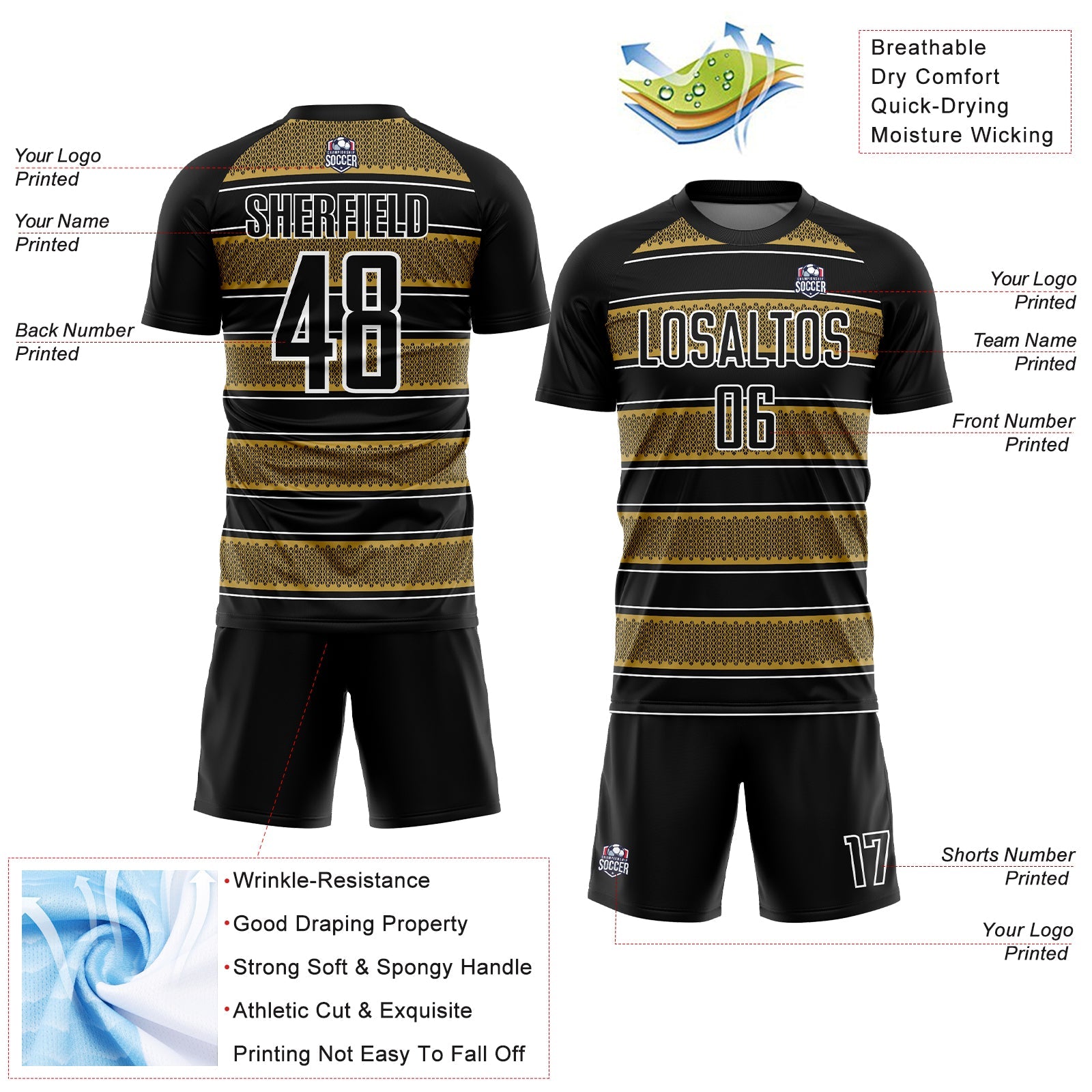Custom Black Old Gold-White Geometric Shapes And Line Sublimation Soccer Uniform Jersey