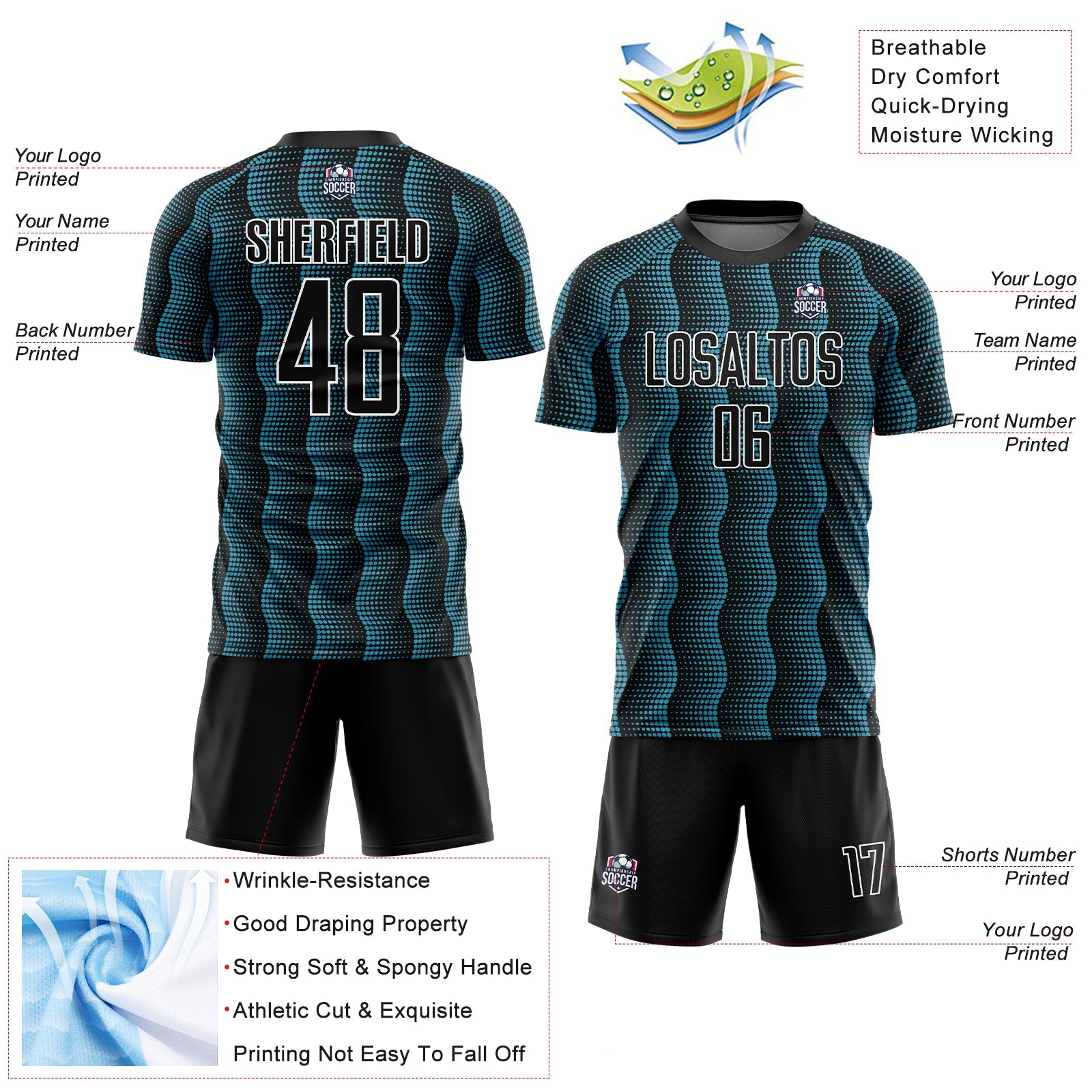 Custom Black Panther Blue-White Geometric Shape Sublimation Soccer Uniform Jersey