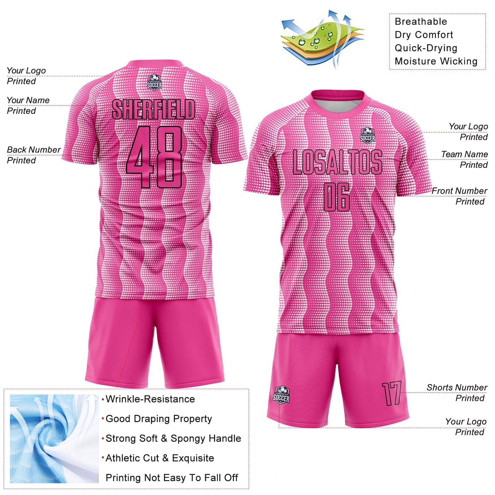 Custom Pink Black-White Geometric Shape Sublimation Soccer Uniform Jersey