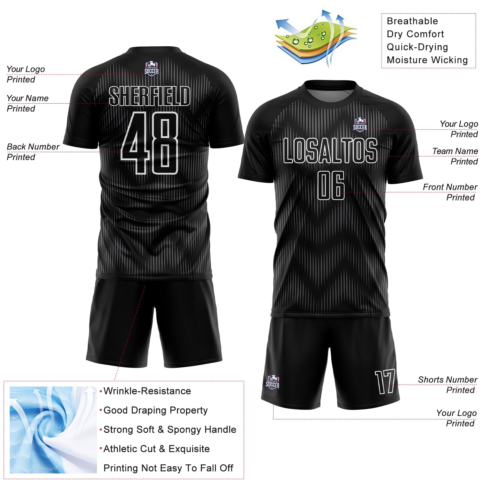Custom Black Steel Gray-White Line Sublimation Soccer Uniform Jersey
