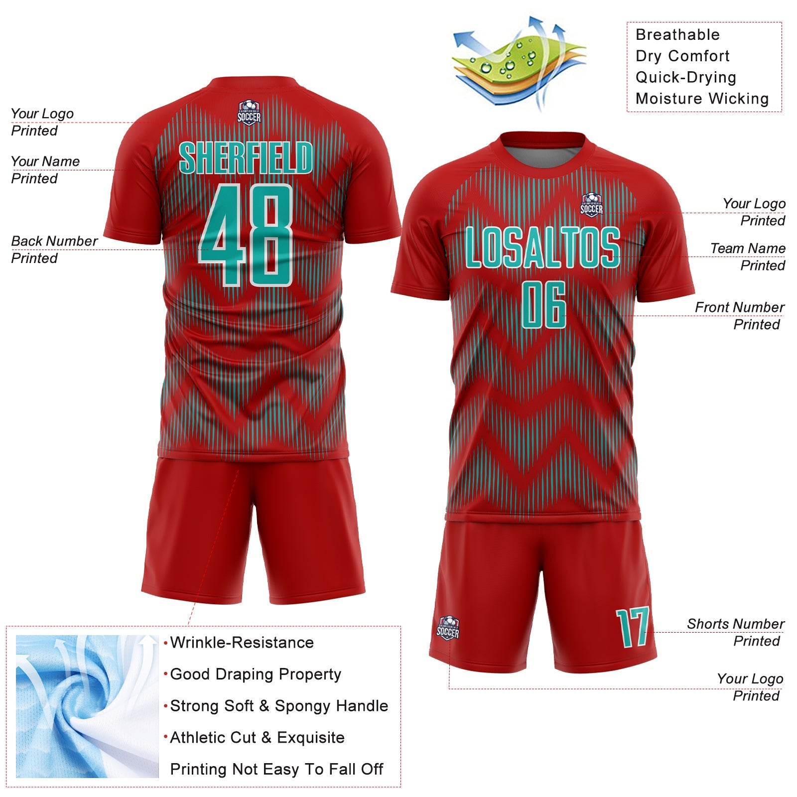 Custom Red Aqua-White Line Sublimation Soccer Uniform Jersey