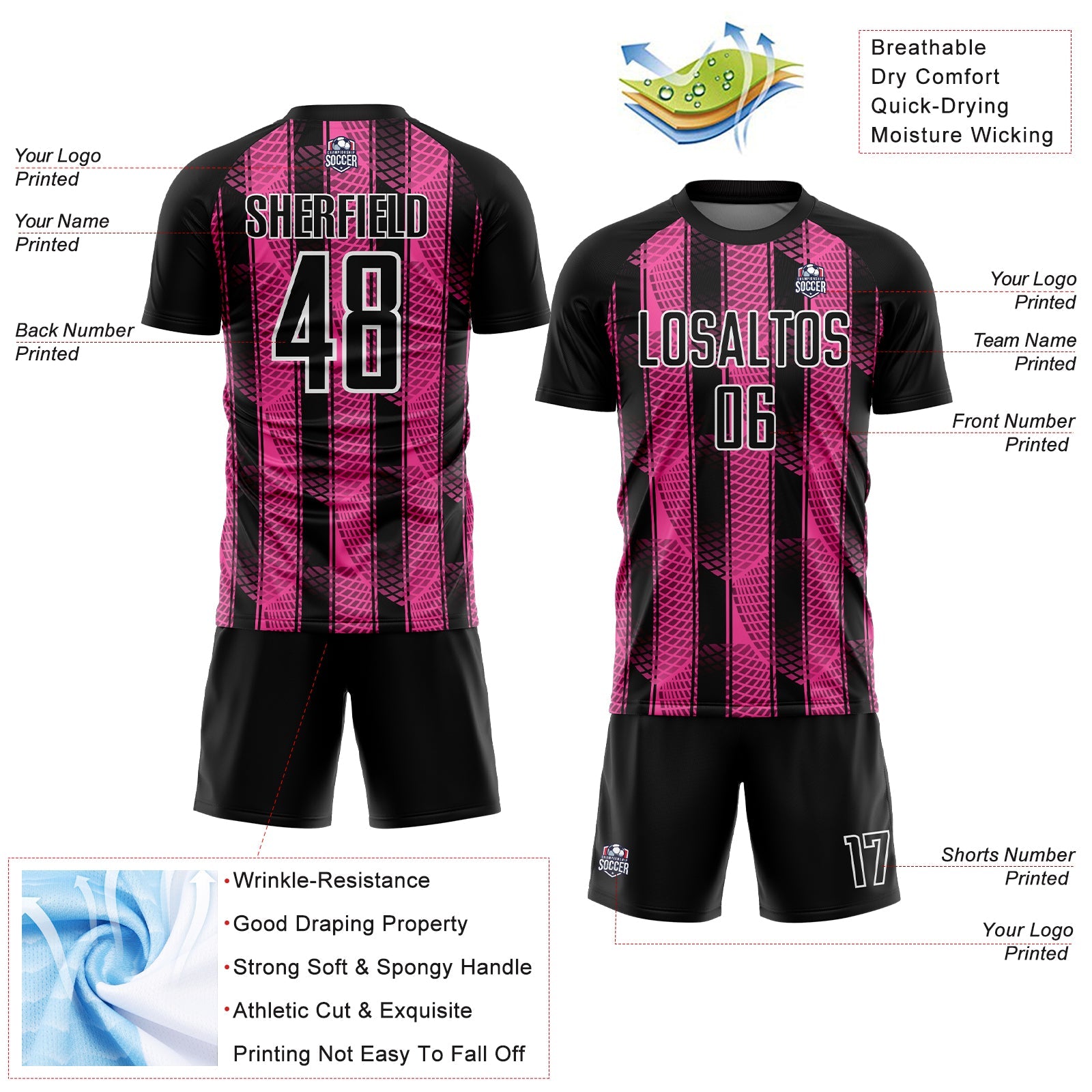 Custom Black Pink-White Abstract Network Sublimation Soccer Uniform Jersey