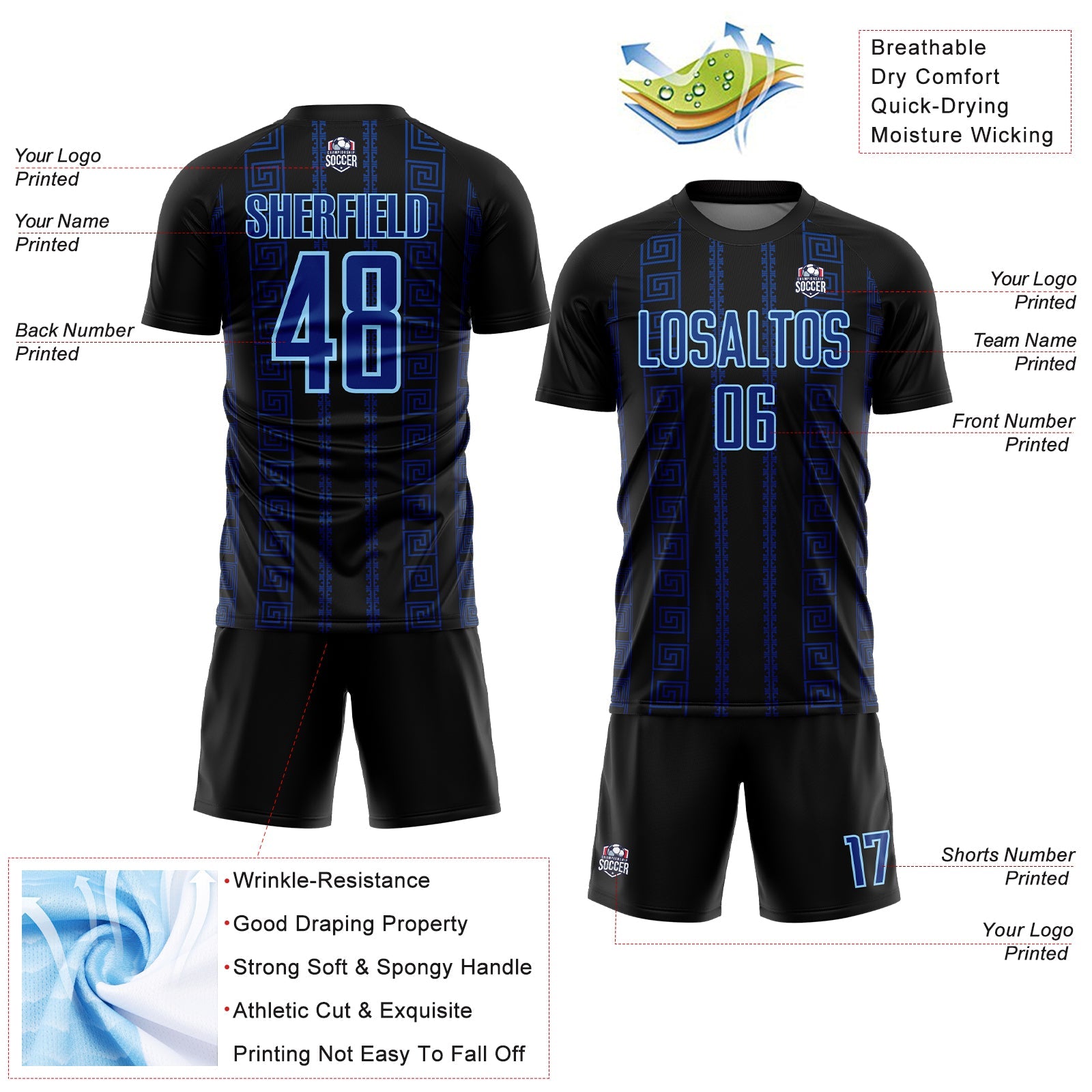 Custom Black Royal-Light Blue Geometric Shape Sublimation Soccer Uniform Jersey