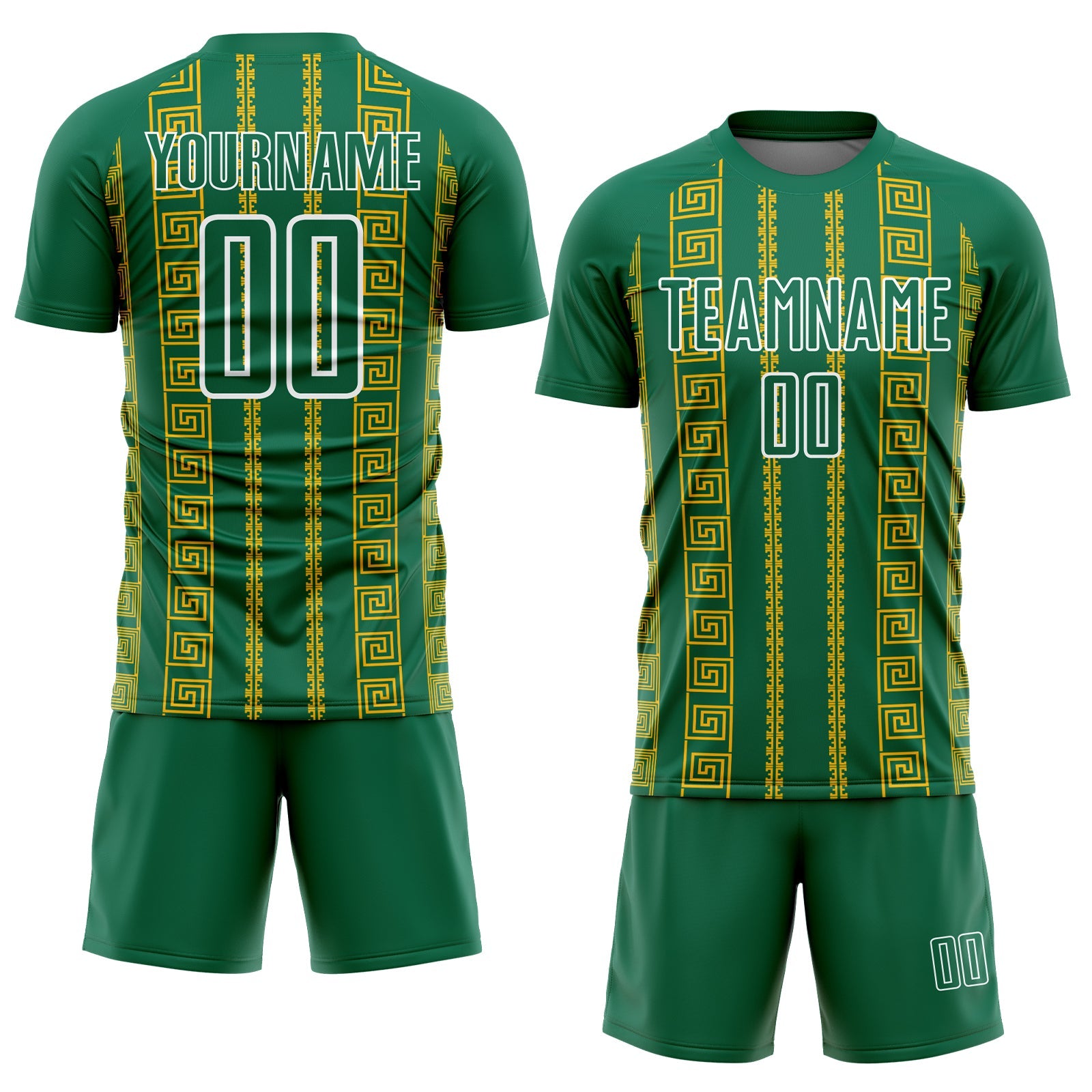 Custom Kelly Green Gold-White Geometric Shape Sublimation Soccer Uniform Jersey