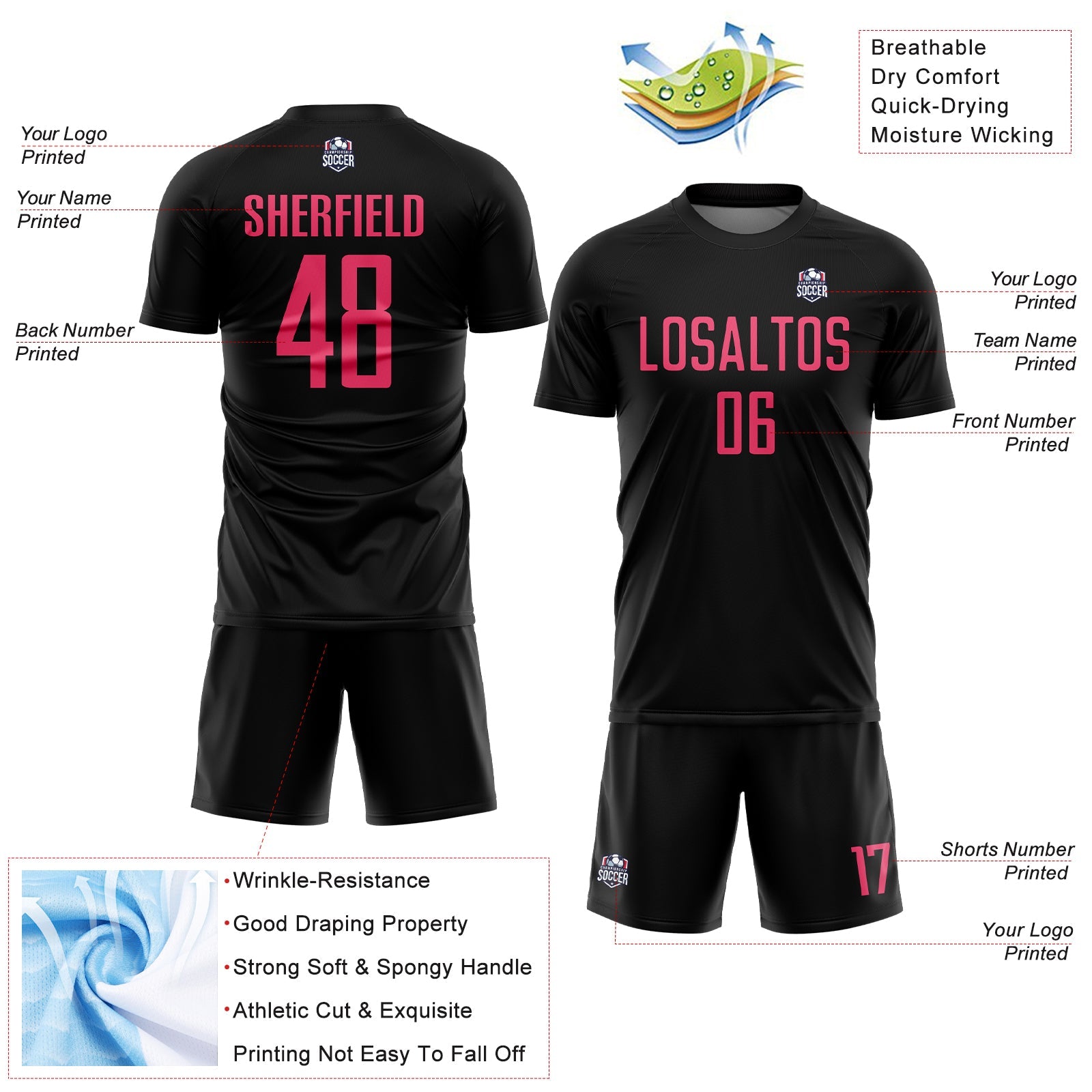 Custom Black Neon Pink Sublimation Soccer Uniform Jersey