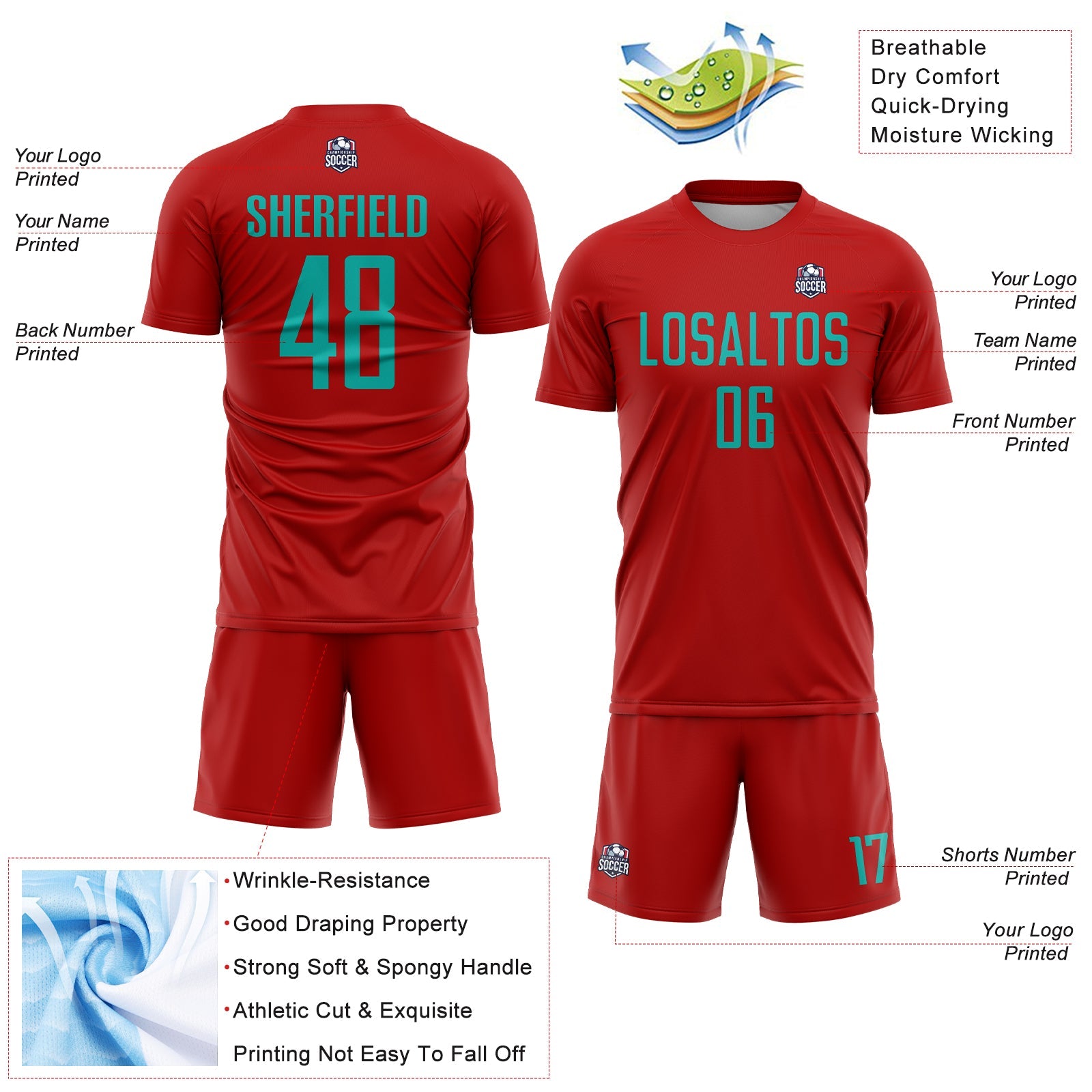 Custom Red Aqua Sublimation Soccer Uniform Jersey