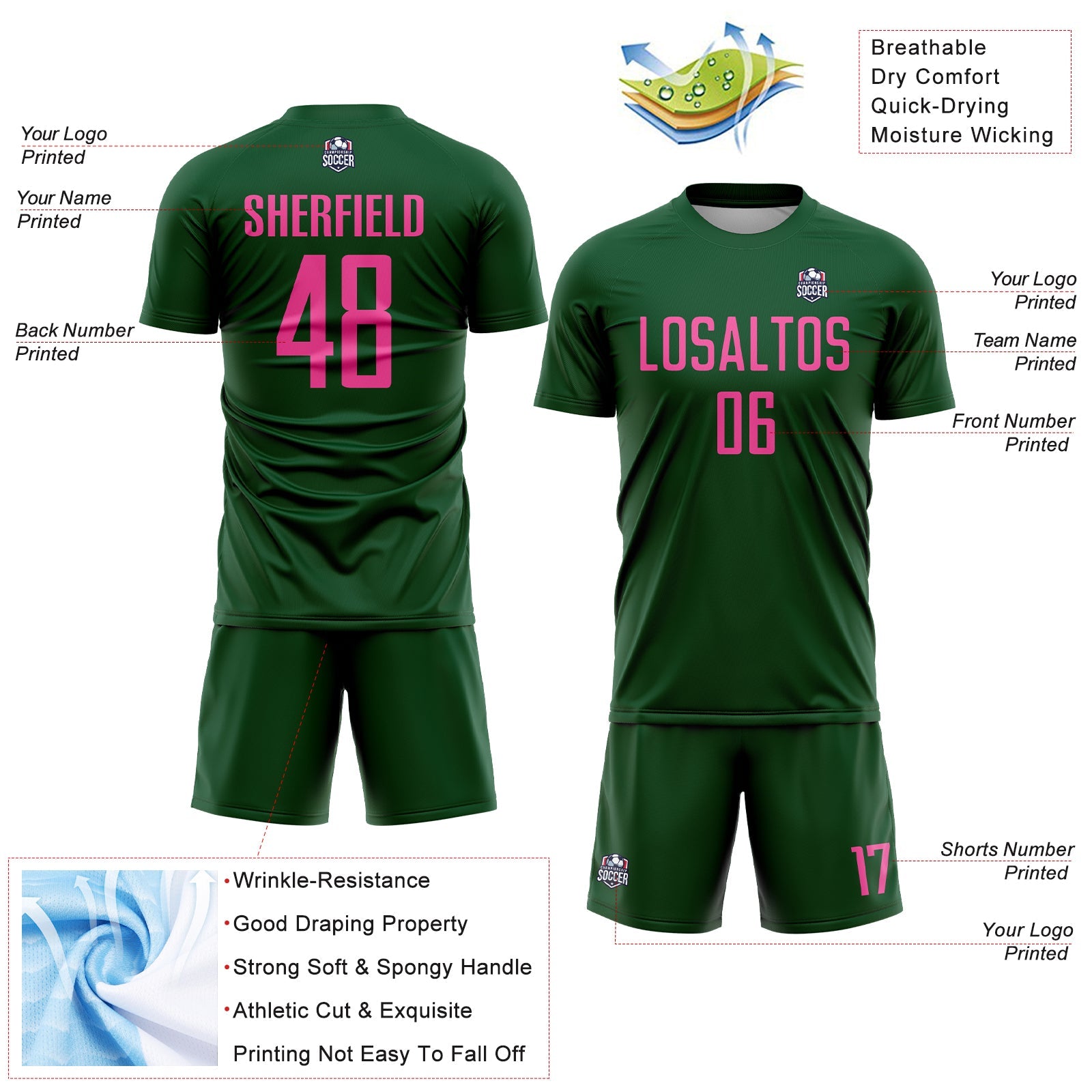 Custom Green Pink Sublimation Soccer Uniform Jersey