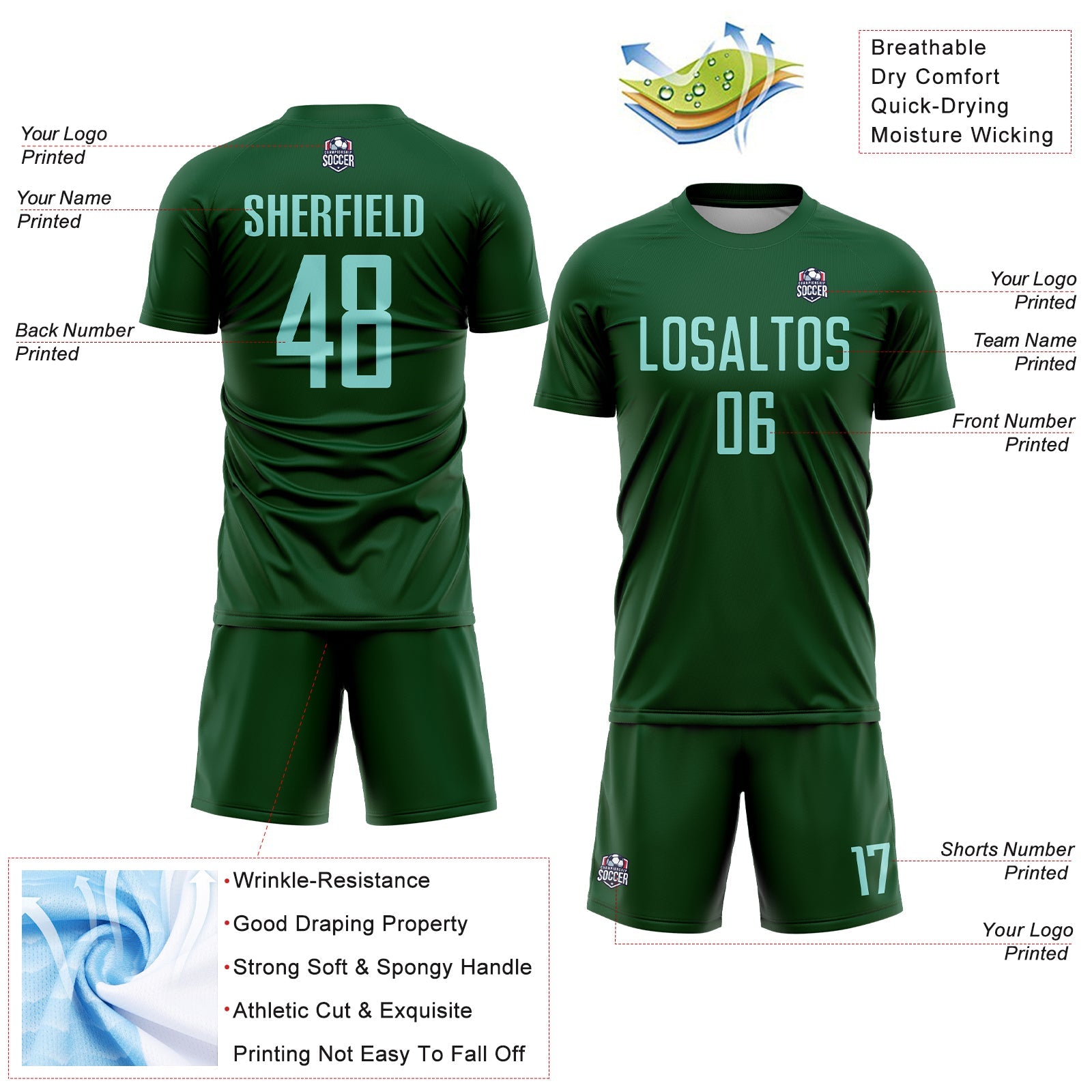Custom Green Ice Blue Sublimation Soccer Uniform Jersey