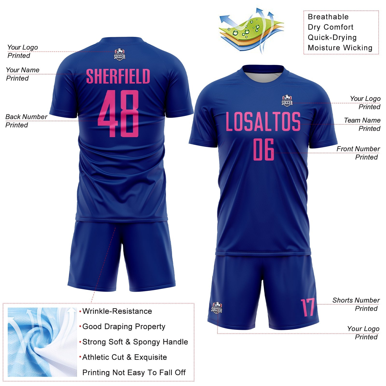 Custom Royal Pink Sublimation Soccer Uniform Jersey