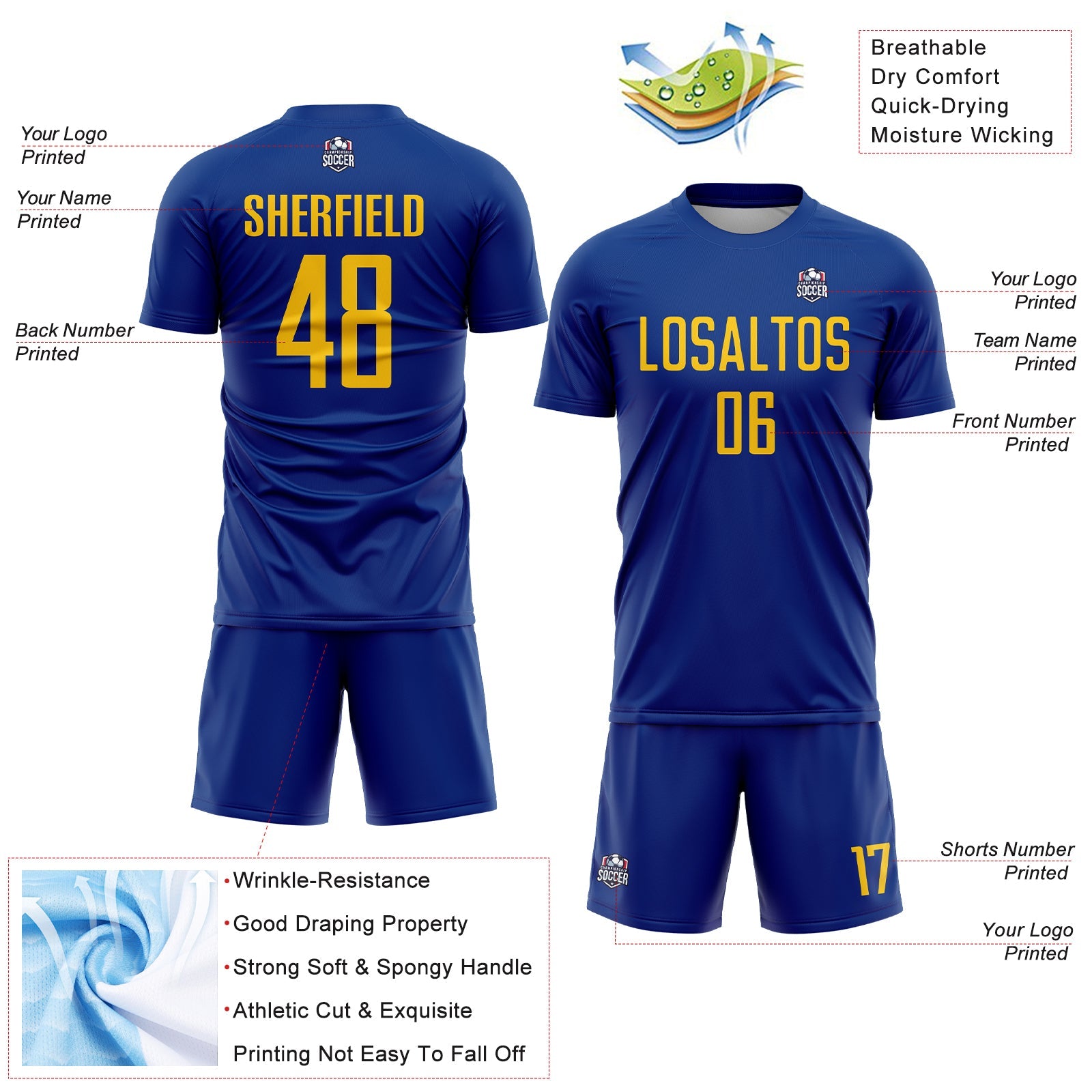 Custom Royal Yellow Sublimation Soccer Uniform Jersey