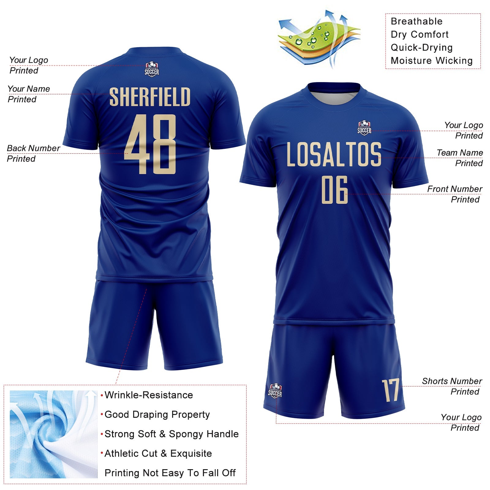 Custom Royal Cream Sublimation Soccer Uniform Jersey