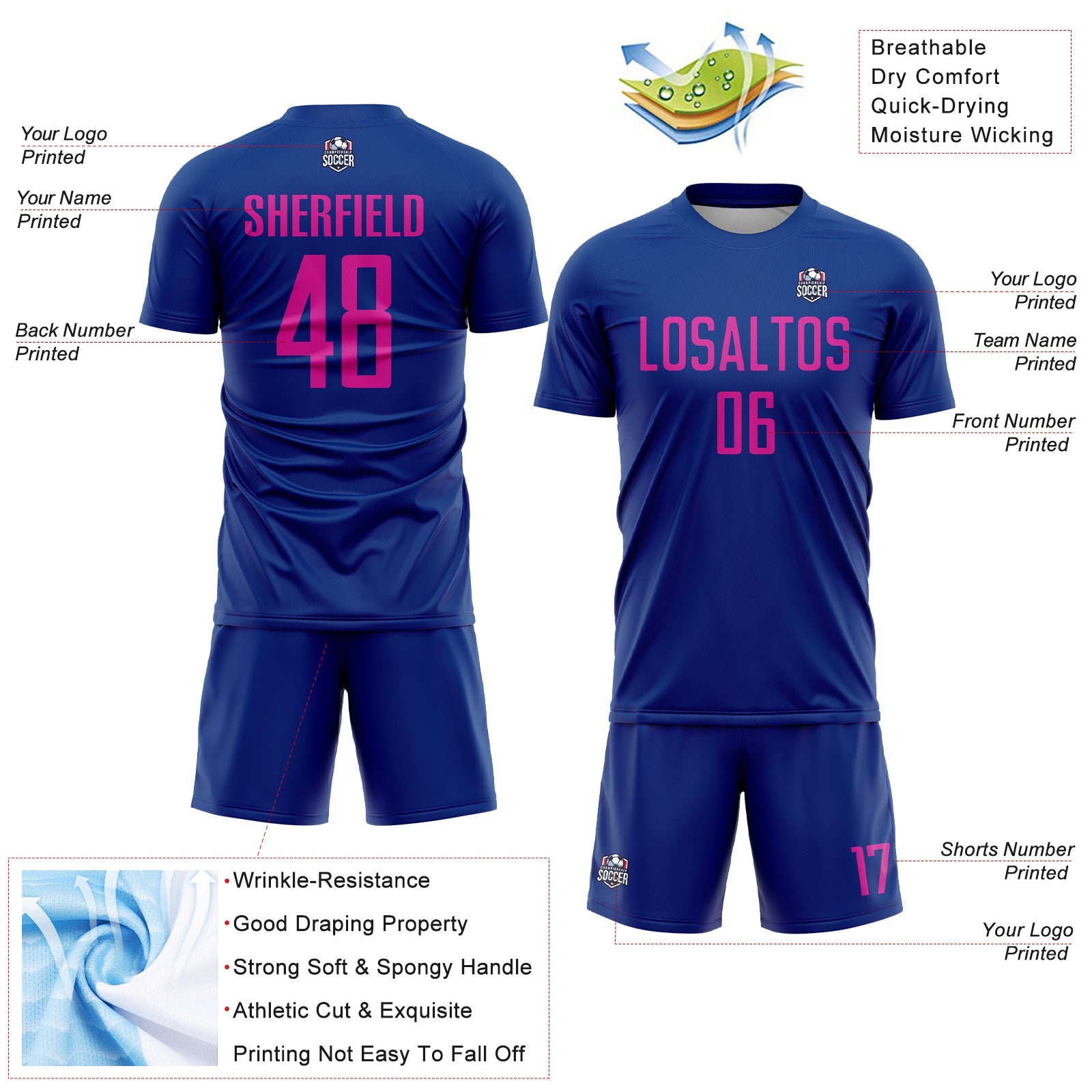 Custom Royal Deep Pink Sublimation Soccer Uniform Jersey