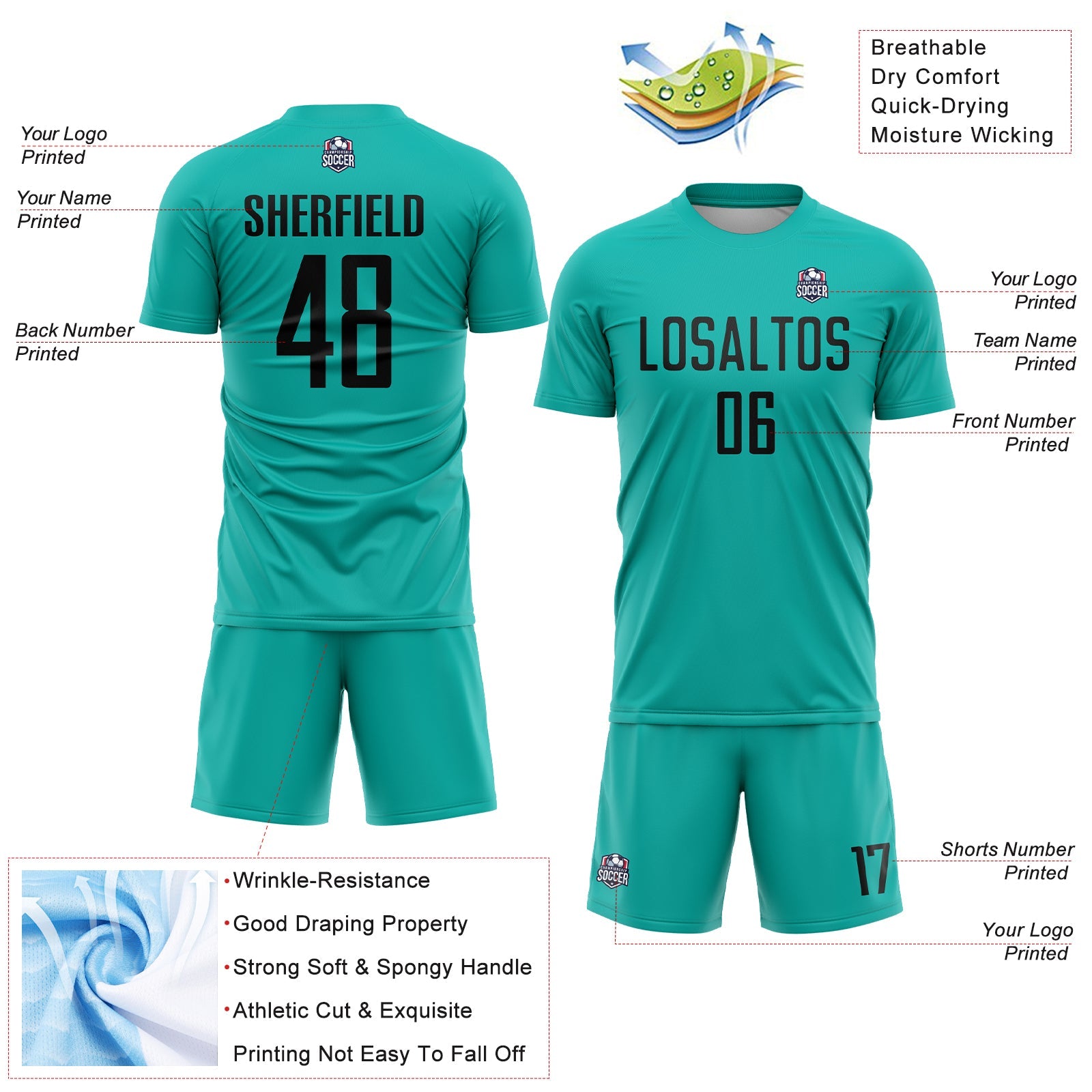 Custom Aqua Black Sublimation Soccer Uniform Jersey