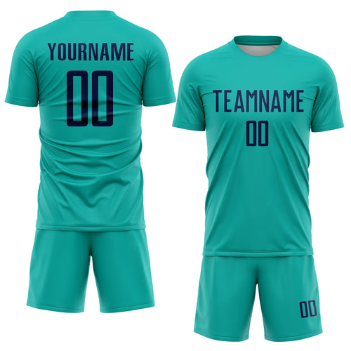 Custom Aqua Navy Sublimation Soccer Uniform Jersey