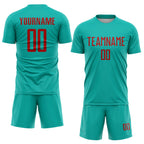 Custom Aqua Red Sublimation Soccer Uniform Jersey