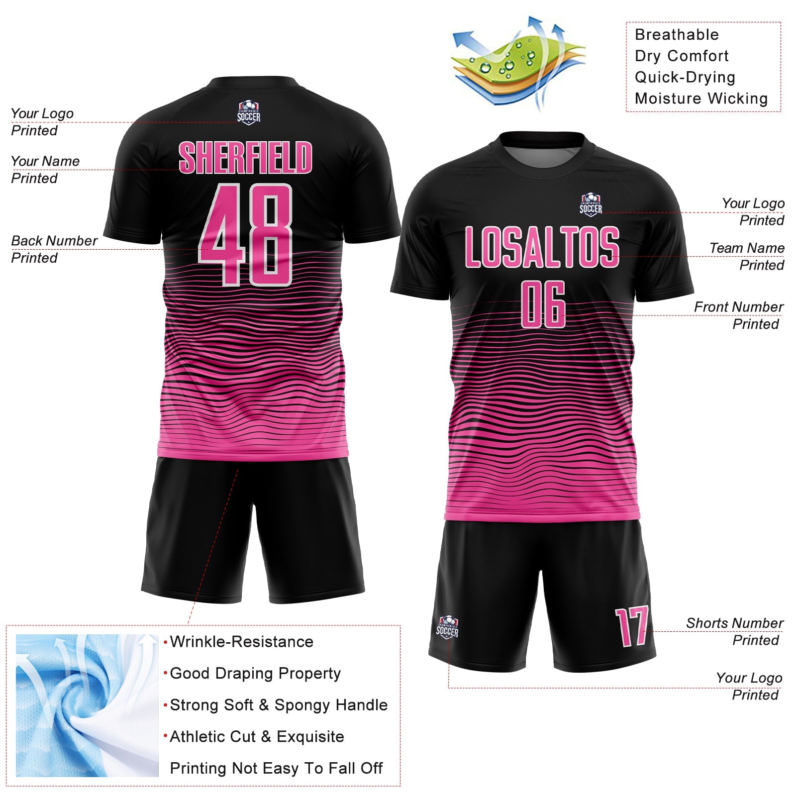 Custom Black Pink-White Gradient Line Sublimation Soccer Uniform Jersey