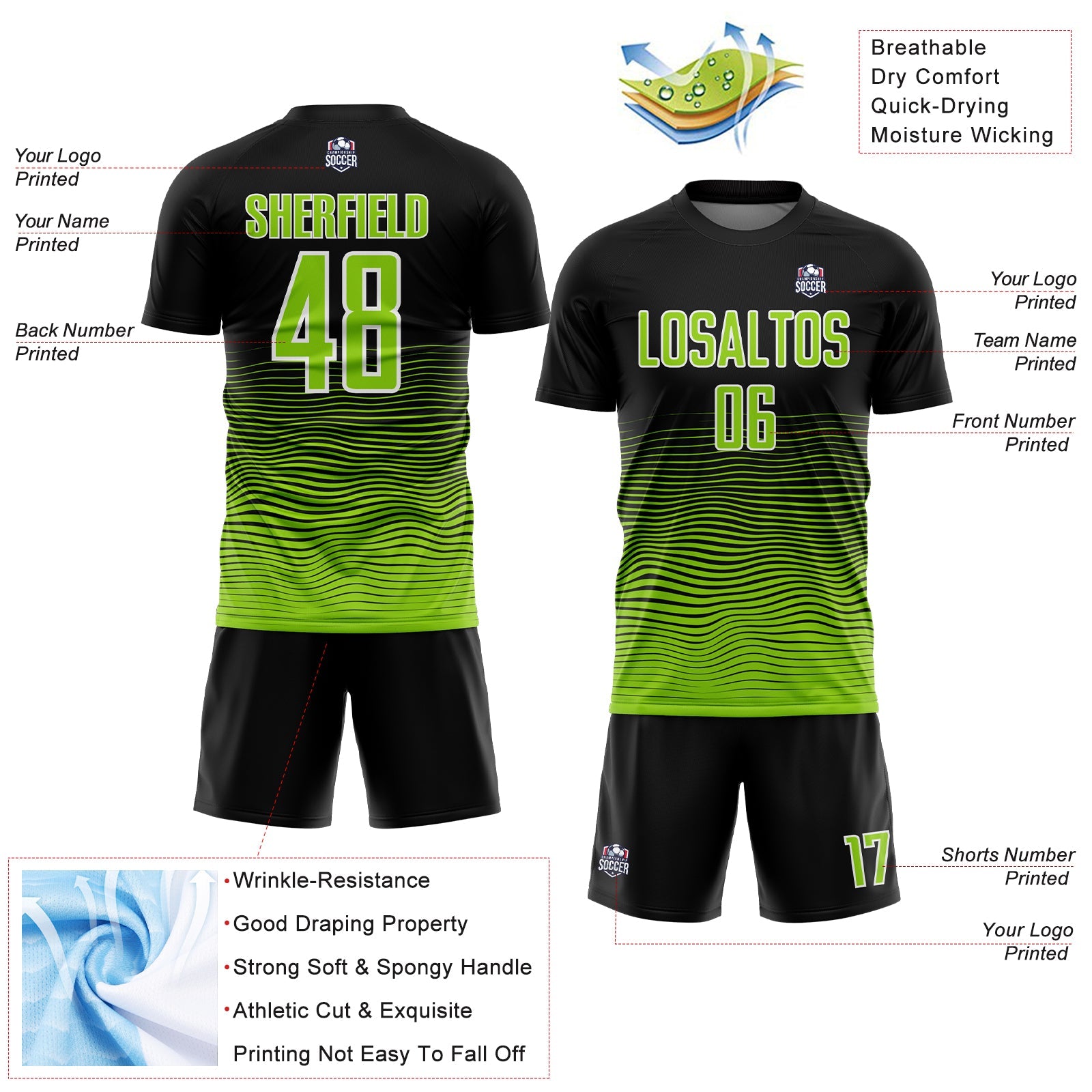 Custom Black Neon Green-White Gradient Line Sublimation Soccer Uniform Jersey