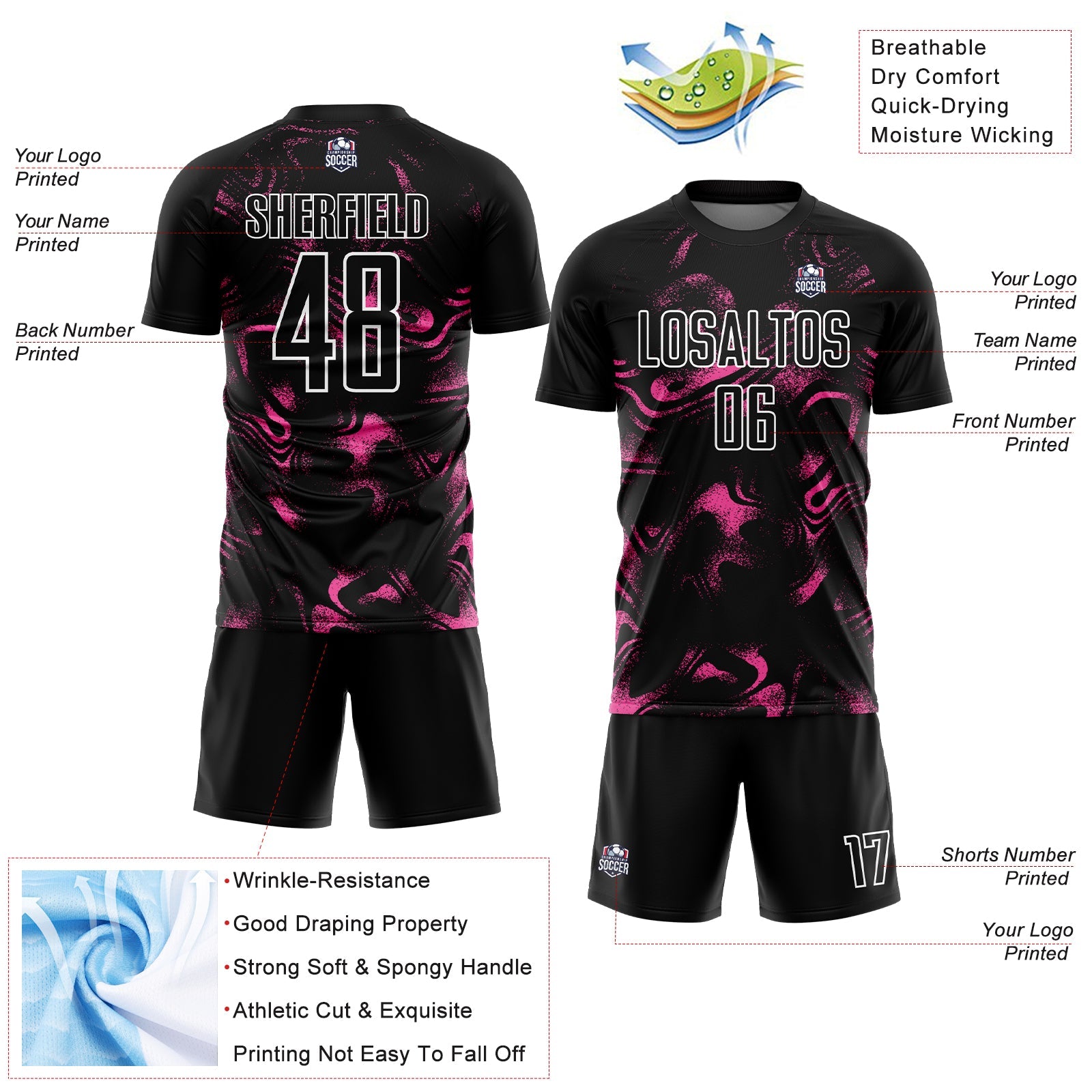 Custom Black Pink-White Abstract Liquid Sublimation Soccer Uniform Jersey