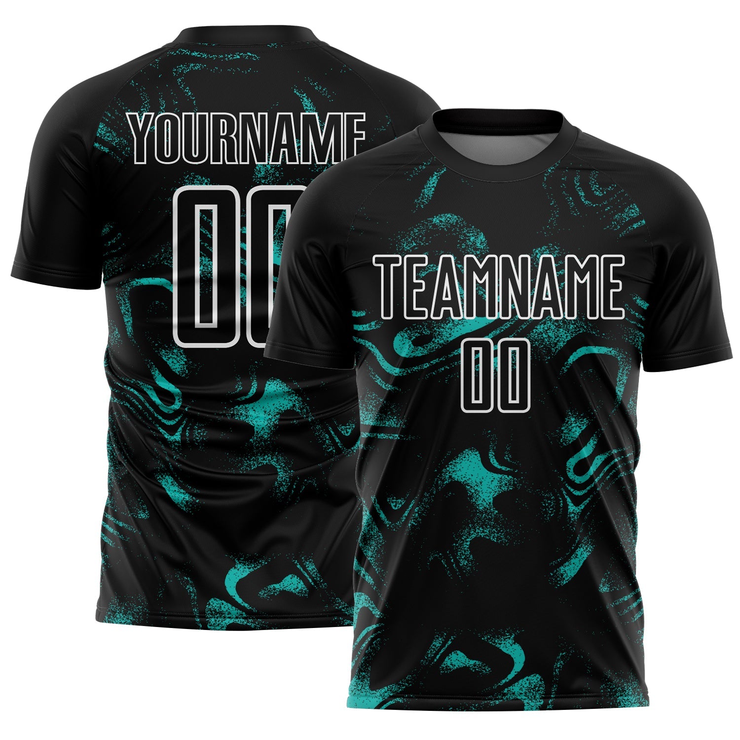 Custom Black Aqua-White Abstract Liquid Sublimation Soccer Uniform Jersey