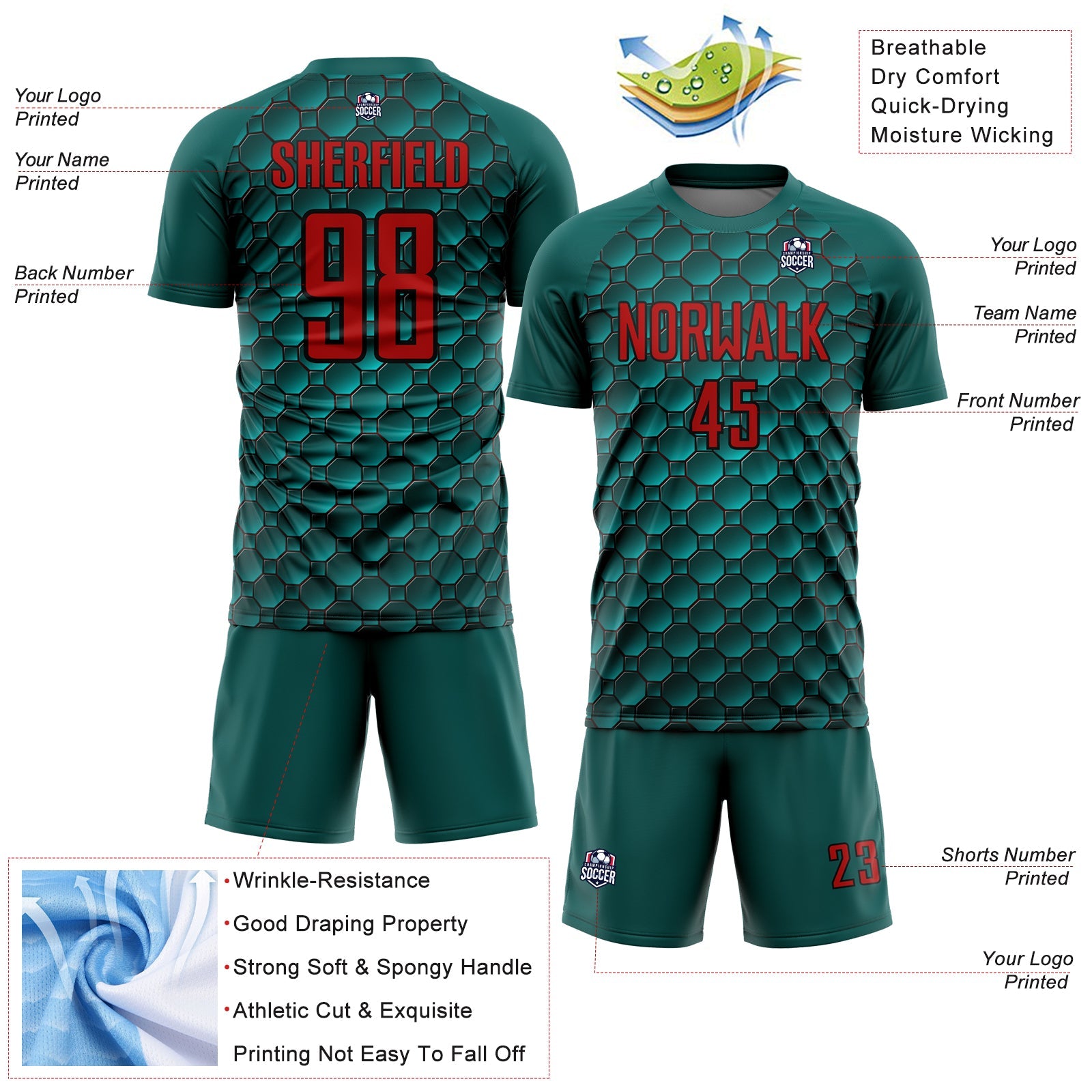 Custom Midnight Green Red-Black Geometric Shape Sublimation Soccer Uniform Jersey