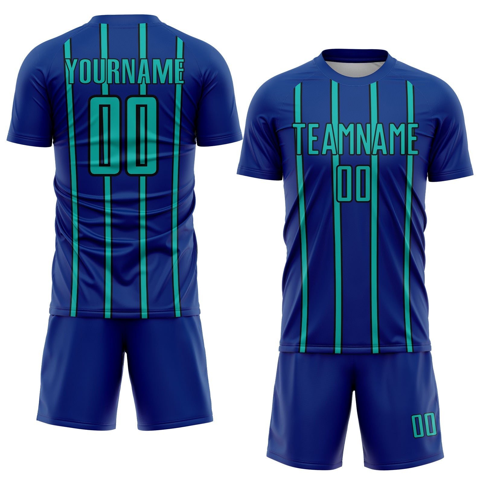 Custom Royal Aqua-Black Stripe Line Sublimation Soccer Uniform Jersey
