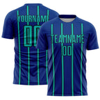 Custom Royal Aqua-Black Stripe Line Sublimation Soccer Uniform Jersey