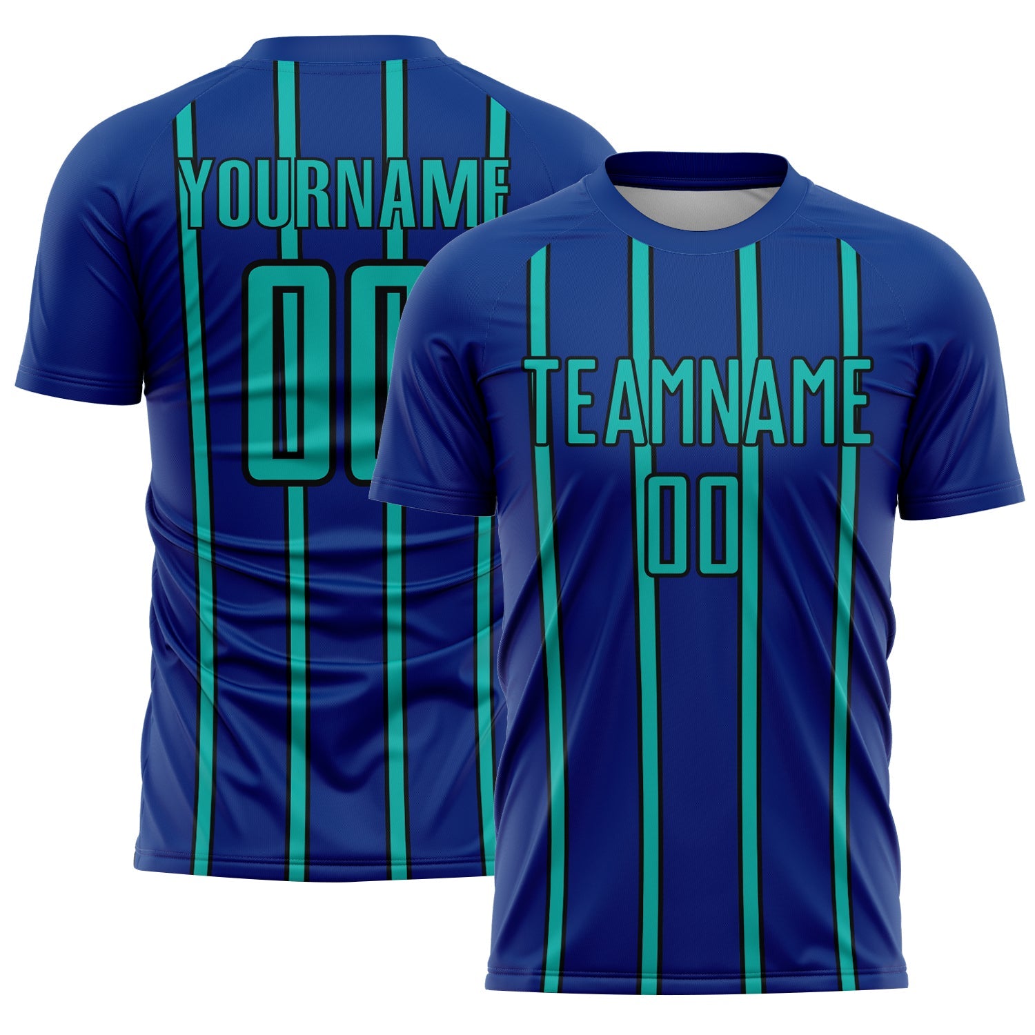 Custom Royal Aqua-Black Stripe Line Sublimation Soccer Uniform Jersey