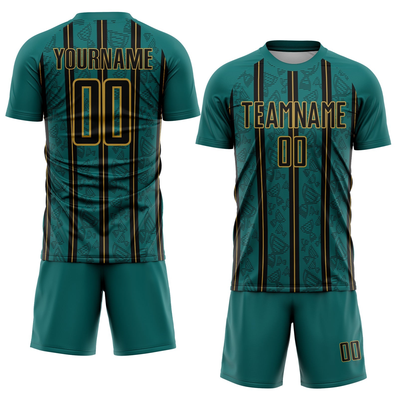 Custom Teal Black-Old Gold Stripe Line Sublimation Soccer Uniform Jersey