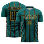 Custom Teal Black-Old Gold Stripe Line Sublimation Soccer Uniform Jersey
