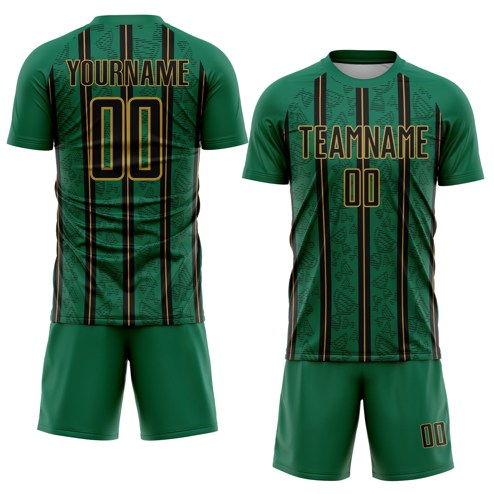 Custom Kelly Green Black-Old Gold Stripe Line Sublimation Soccer Uniform Jersey