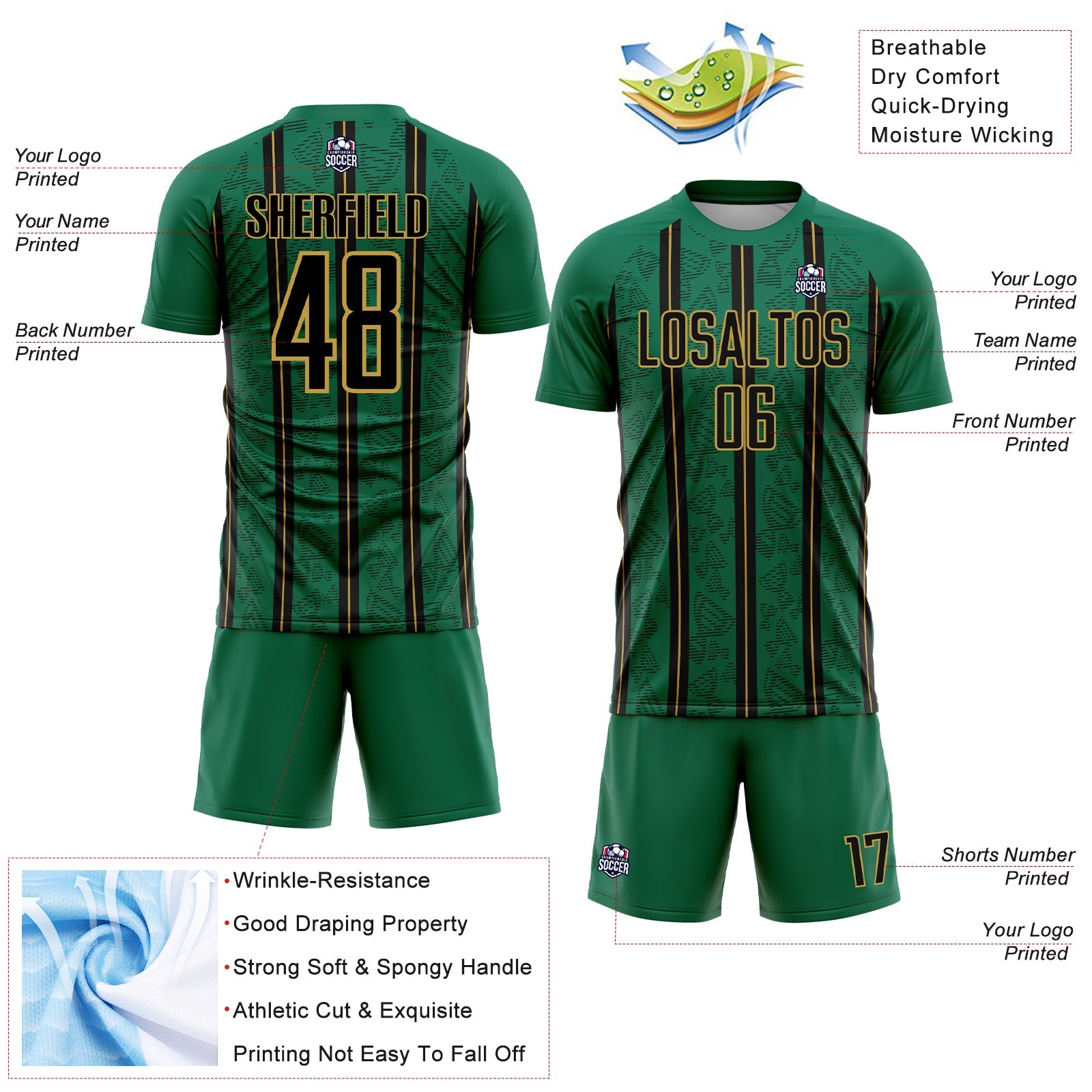 Custom Kelly Green Black-Old Gold Stripe Line Sublimation Soccer Uniform Jersey