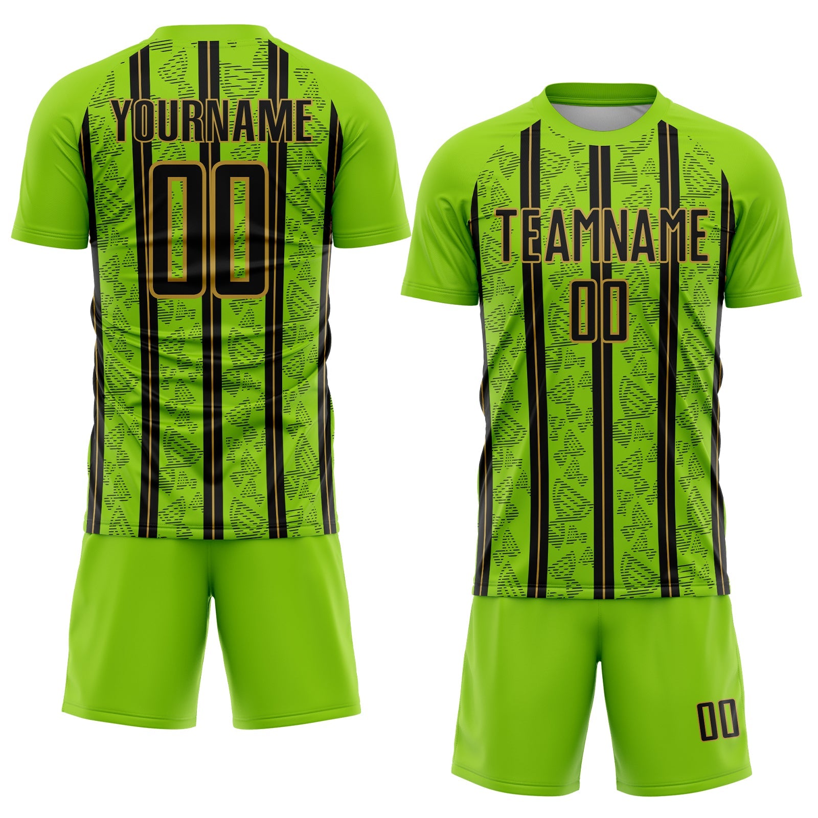 Custom Neon Green Black-Old Gold Stripe Line Sublimation Soccer Uniform Jersey