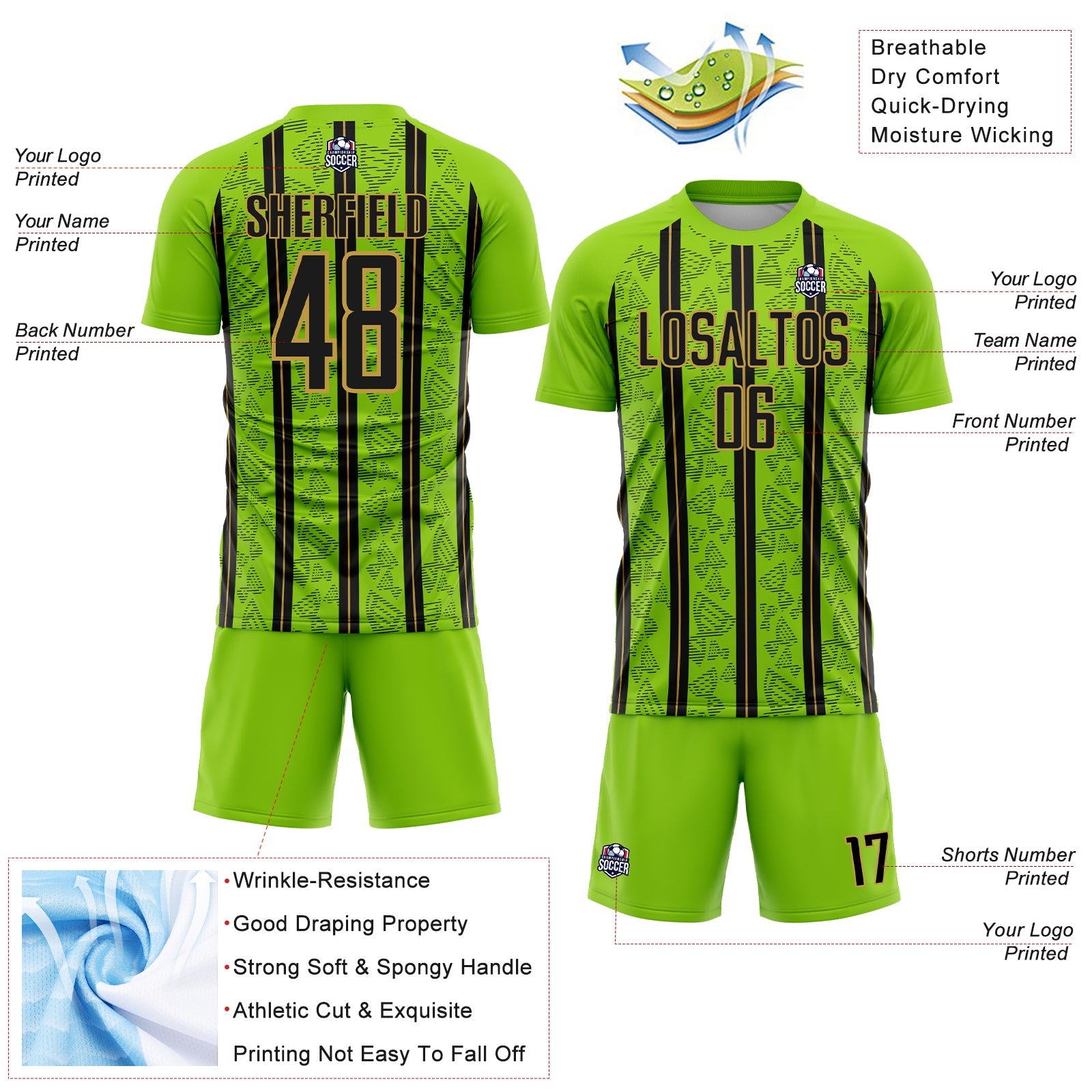 Custom Neon Green Black-Old Gold Stripe Line Sublimation Soccer Uniform Jersey