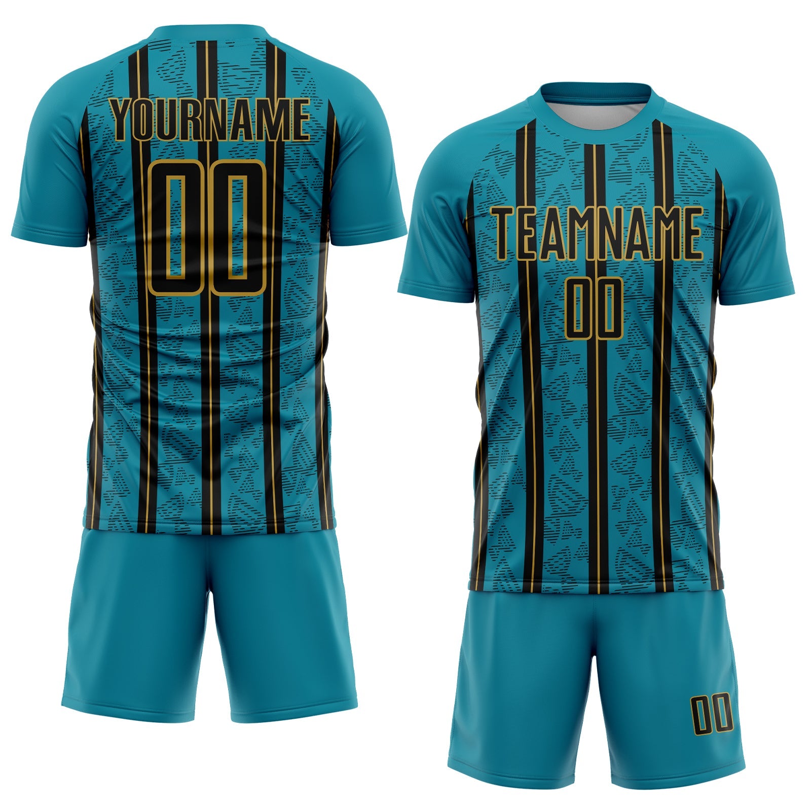 Custom Teal Black-Old Gold Stripe Line Sublimation Soccer Uniform Jersey