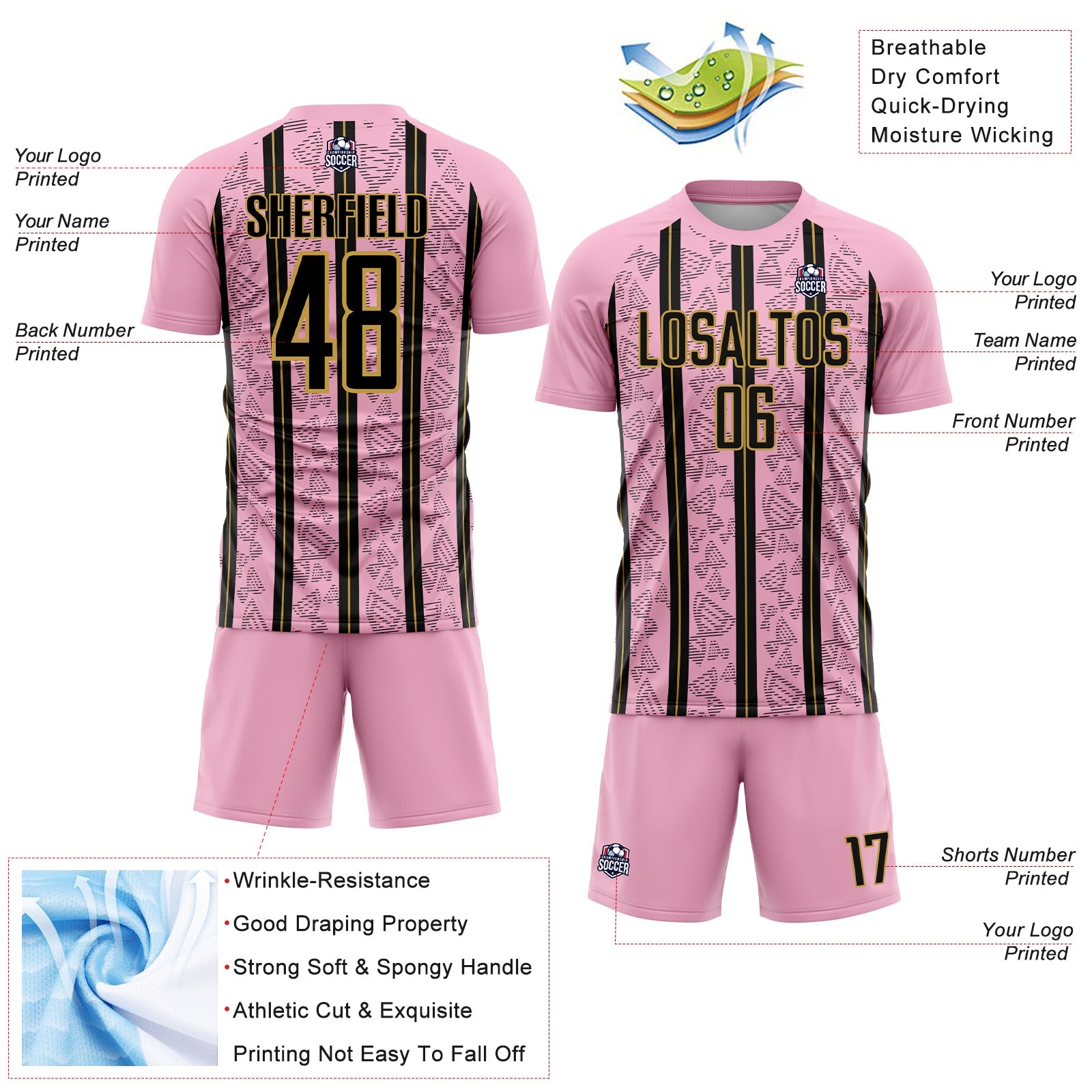 Custom Light Pink Black-Old Gold Stripe Line Sublimation Soccer Uniform Jersey