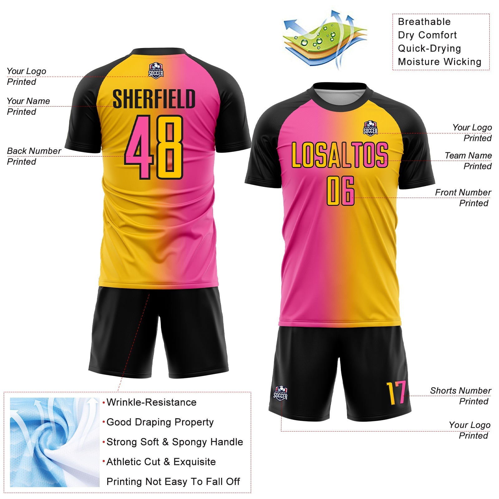 Custom Yellow Pink-Black Sublimation Gradient Fashion Soccer Uniform Jersey