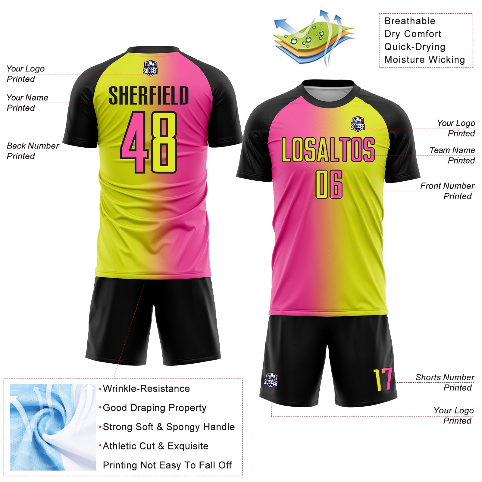 Custom Neon Yellow Pink-Black Sublimation Gradient Fashion Soccer Uniform Jersey