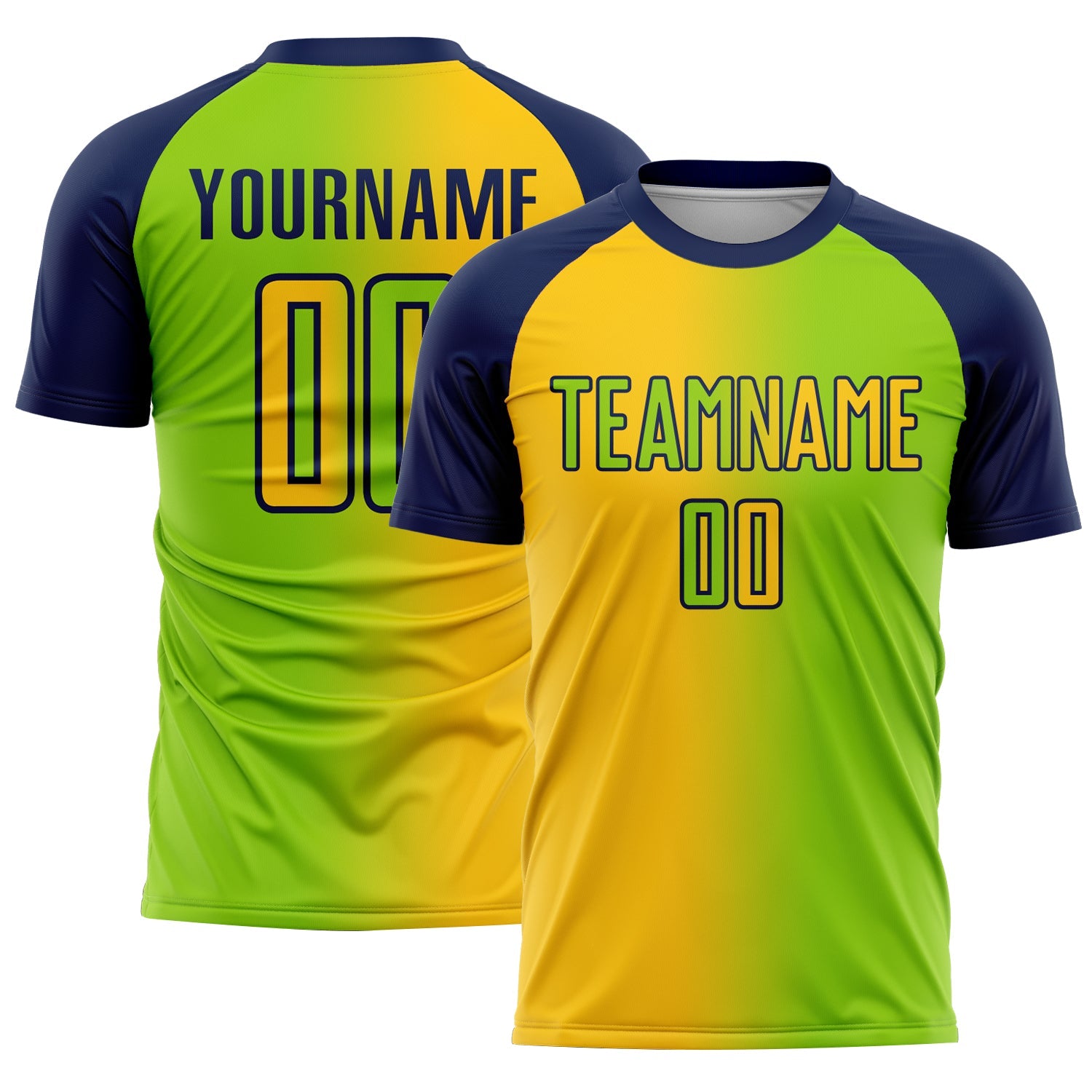 Custom Neon Green Yellow-Navy Sublimation Gradient Fashion Soccer Uniform Jersey