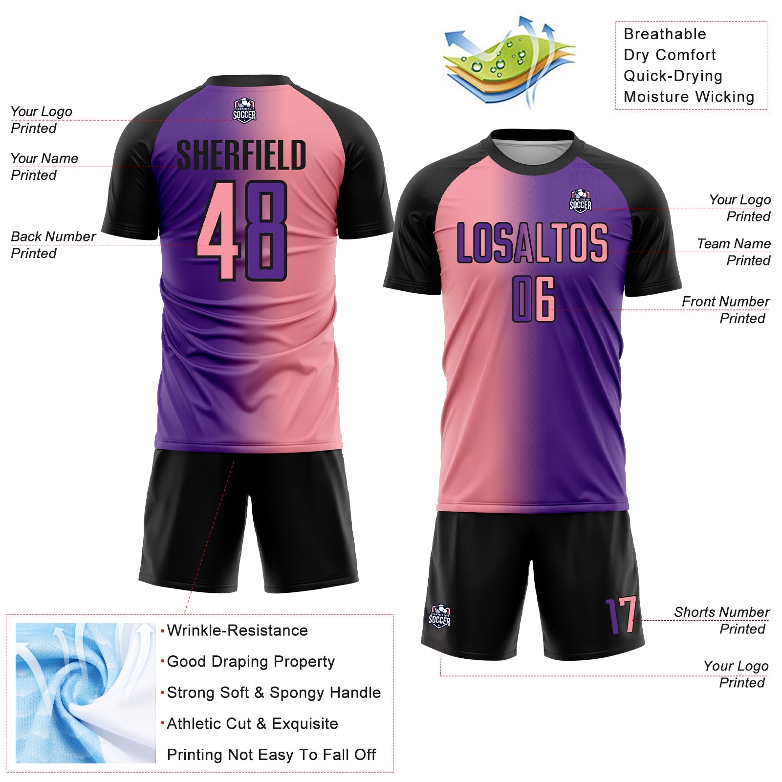 Custom Purple Medium Pink-Black Sublimation Gradient Fashion Soccer Uniform Jersey