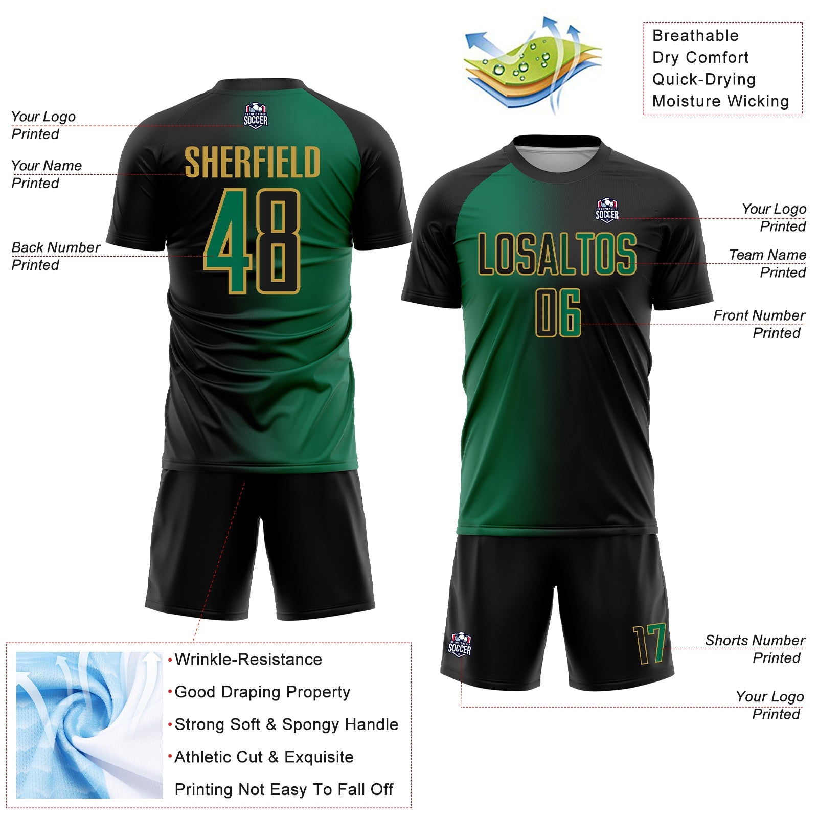 Custom Black Kelly Green-Old Gold Sublimation Gradient Fashion Soccer Uniform Jersey