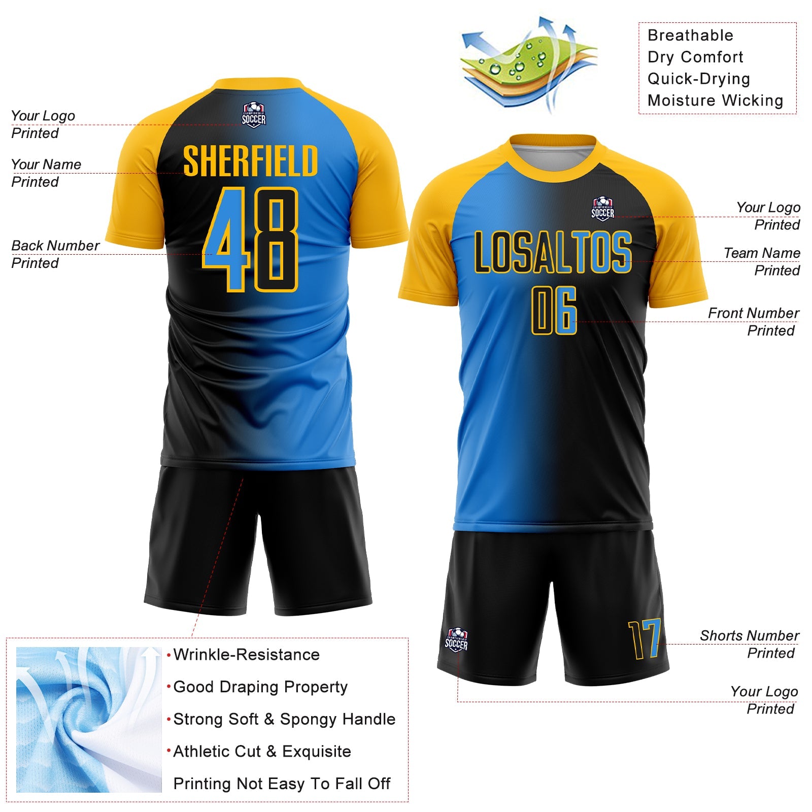 Custom Black Powder Blue-Gold Sublimation Gradient Fashion Soccer Uniform Jersey