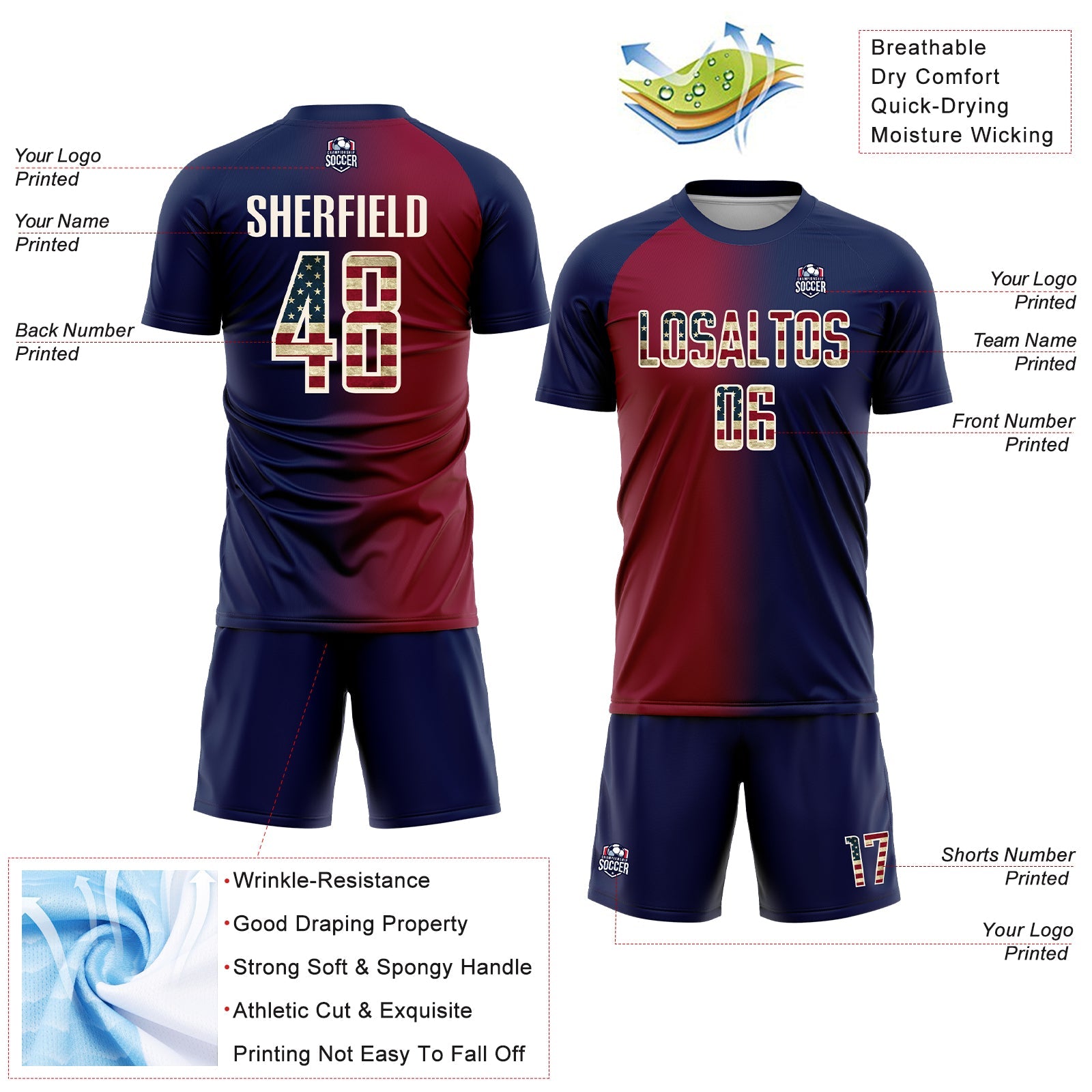 Custom Navy Vintage USA Flag Maroon-Cream Sublimation Gradient Fashion Soccer Uniform Jersey