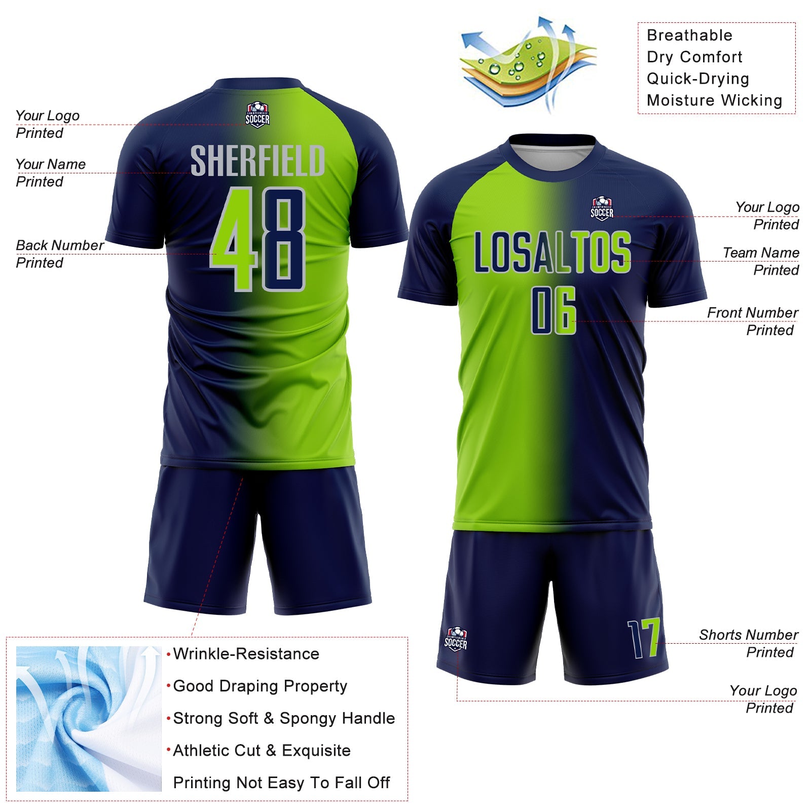 Custom Navy Neon Green-Gray Sublimation Gradient Fashion Soccer Uniform Jersey