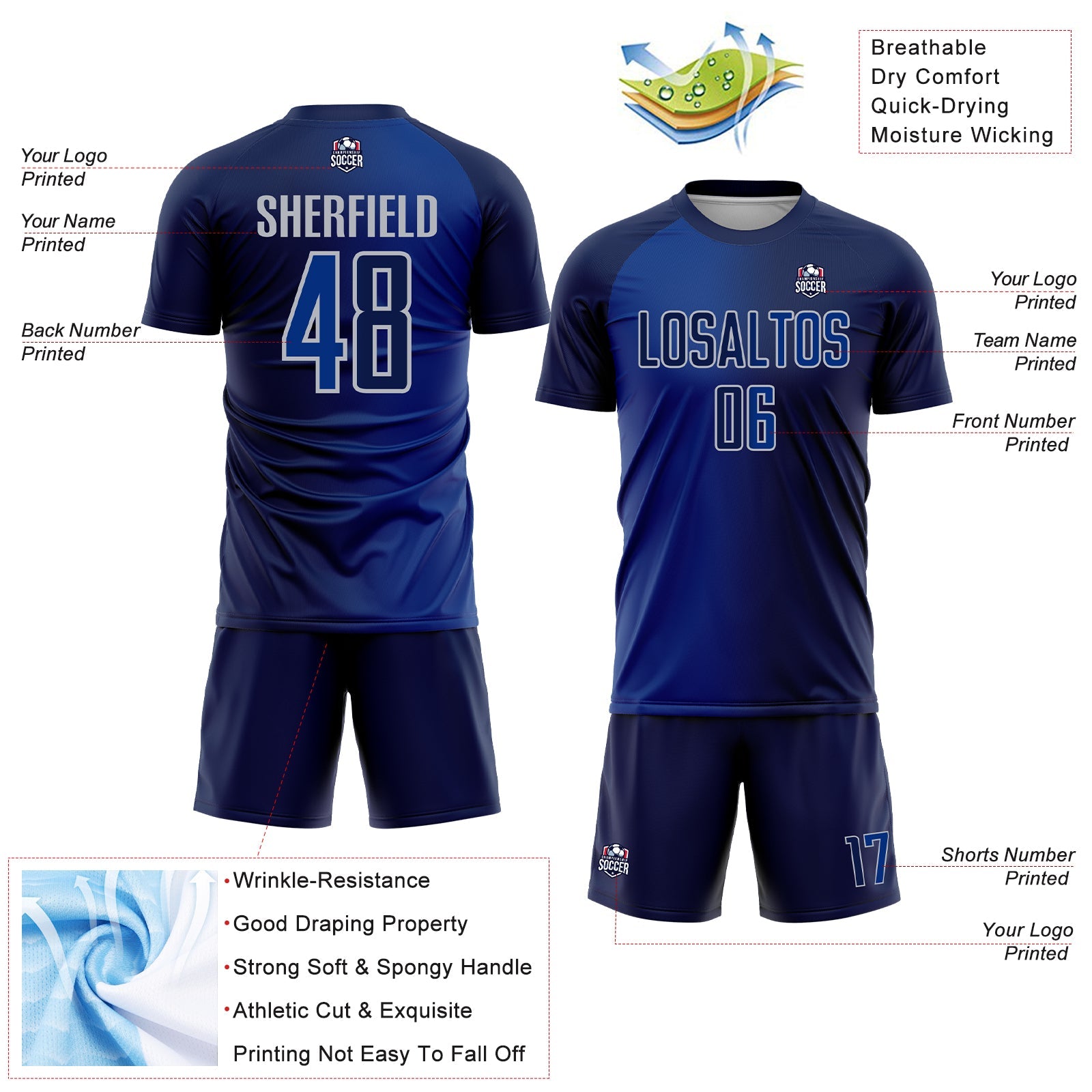 Custom Navy Royal-Gray Sublimation Gradient Fashion Soccer Uniform Jersey