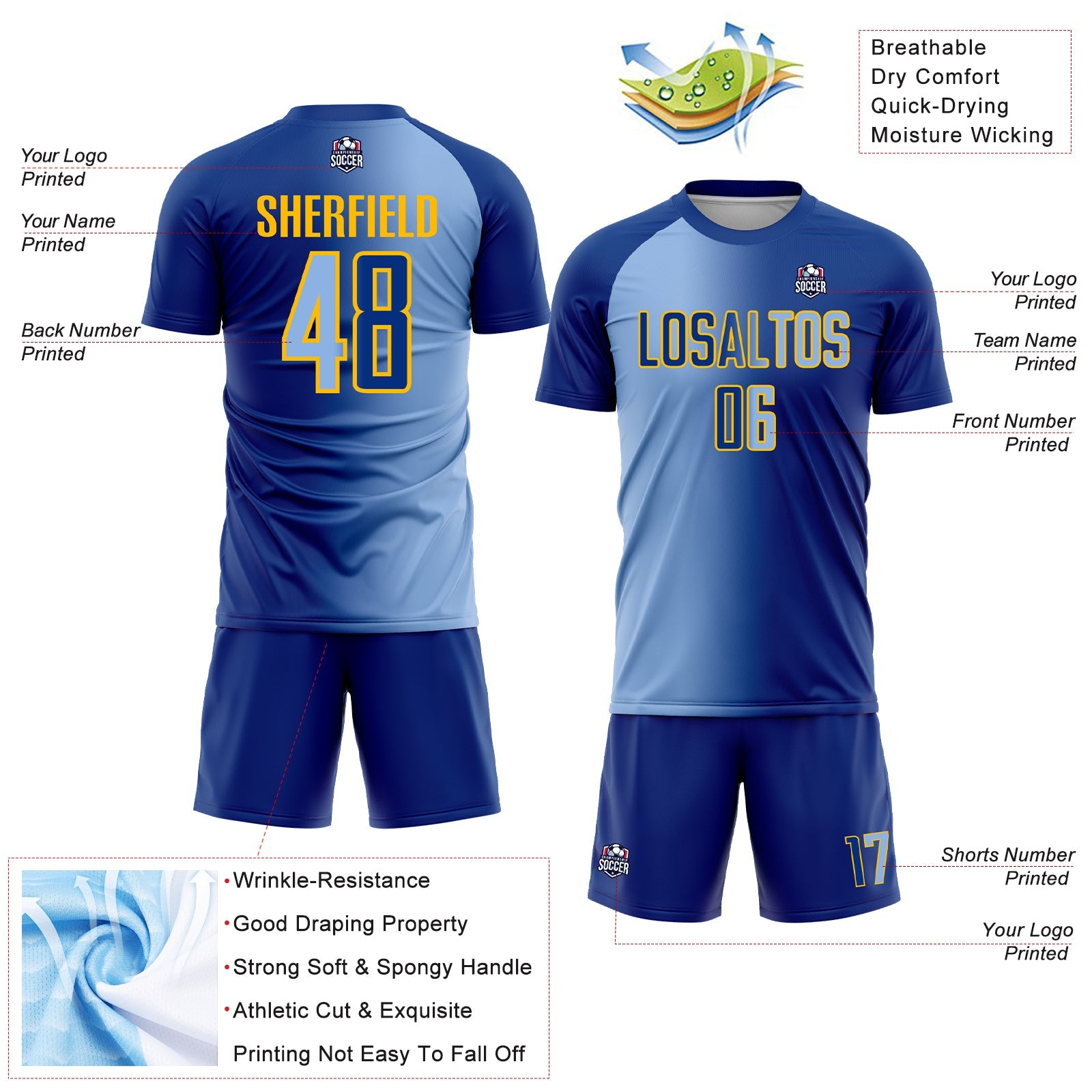 Custom Royal Light Blue-Gold Sublimation Gradient Fashion Soccer Uniform Jersey