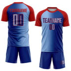Custom Royal Light Blue-Red Sublimation Gradient Fashion Soccer Uniform Jersey