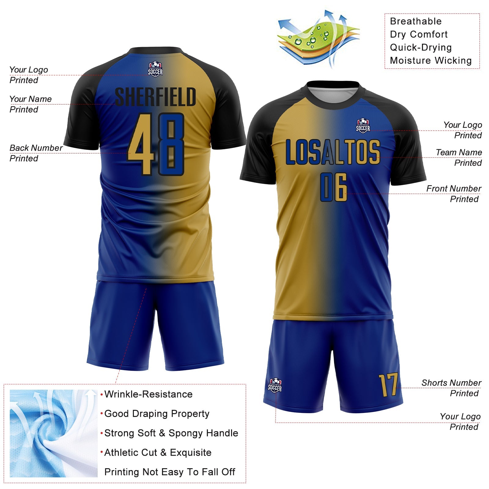 Custom Royal Old Gold-Black Sublimation Gradient Fashion Soccer Uniform Jersey