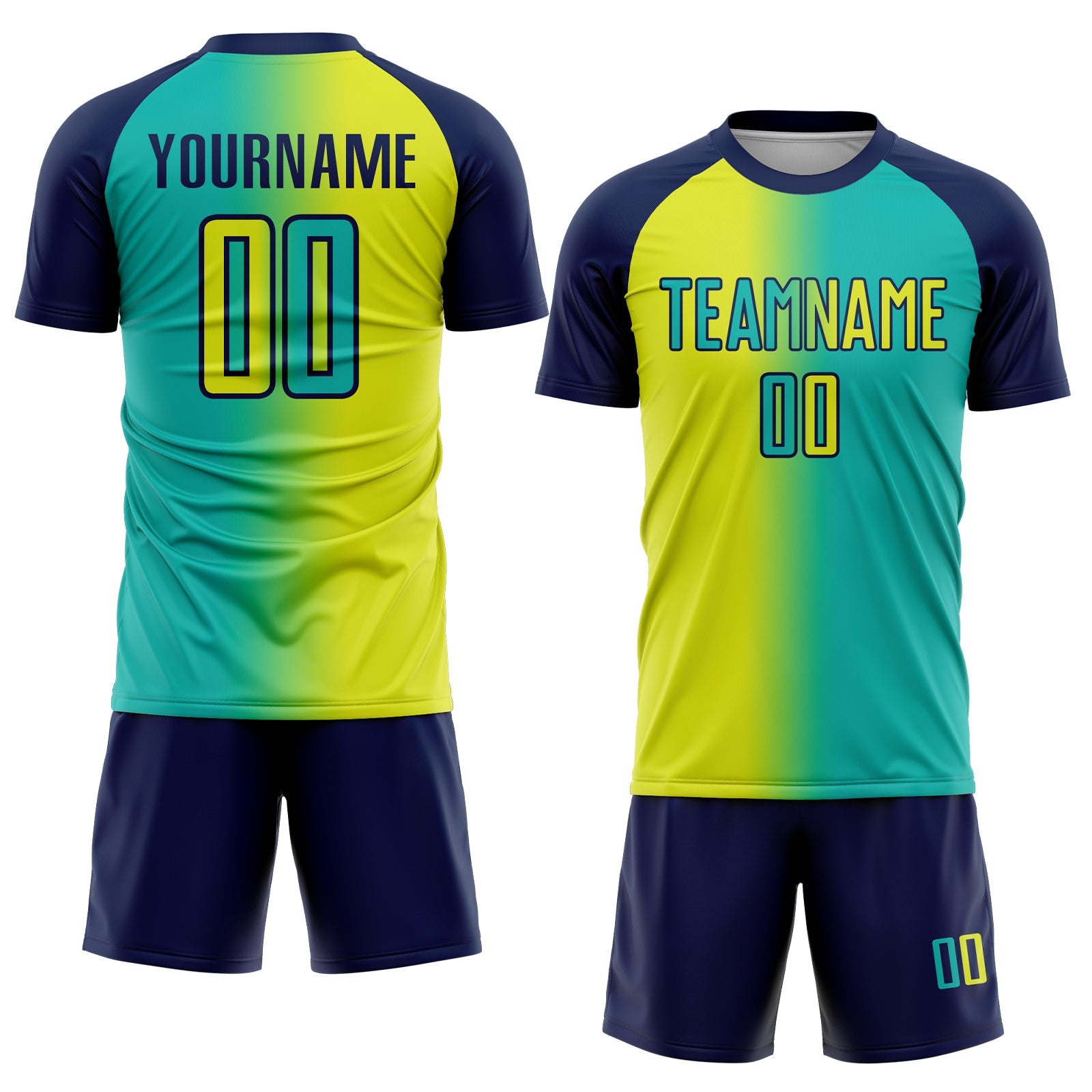 Custom Aqua Neon Yellow-Navy Sublimation Gradient Fashion Soccer Uniform Jersey